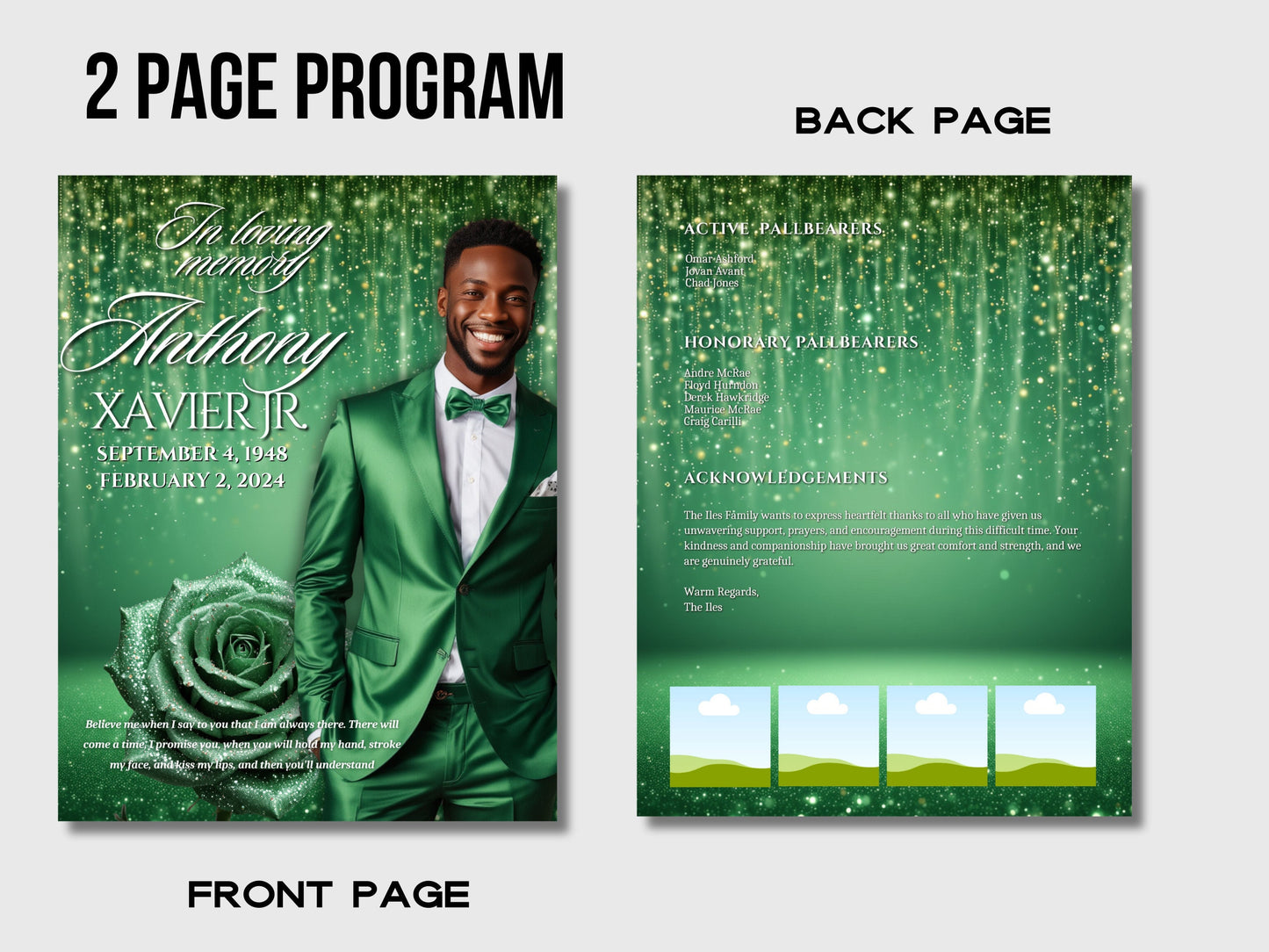 Funeral programs editable template 2 page 8.5x11 Mens Green sparkle Program In loving memory funeral brochure printing DIY Funeral booklet