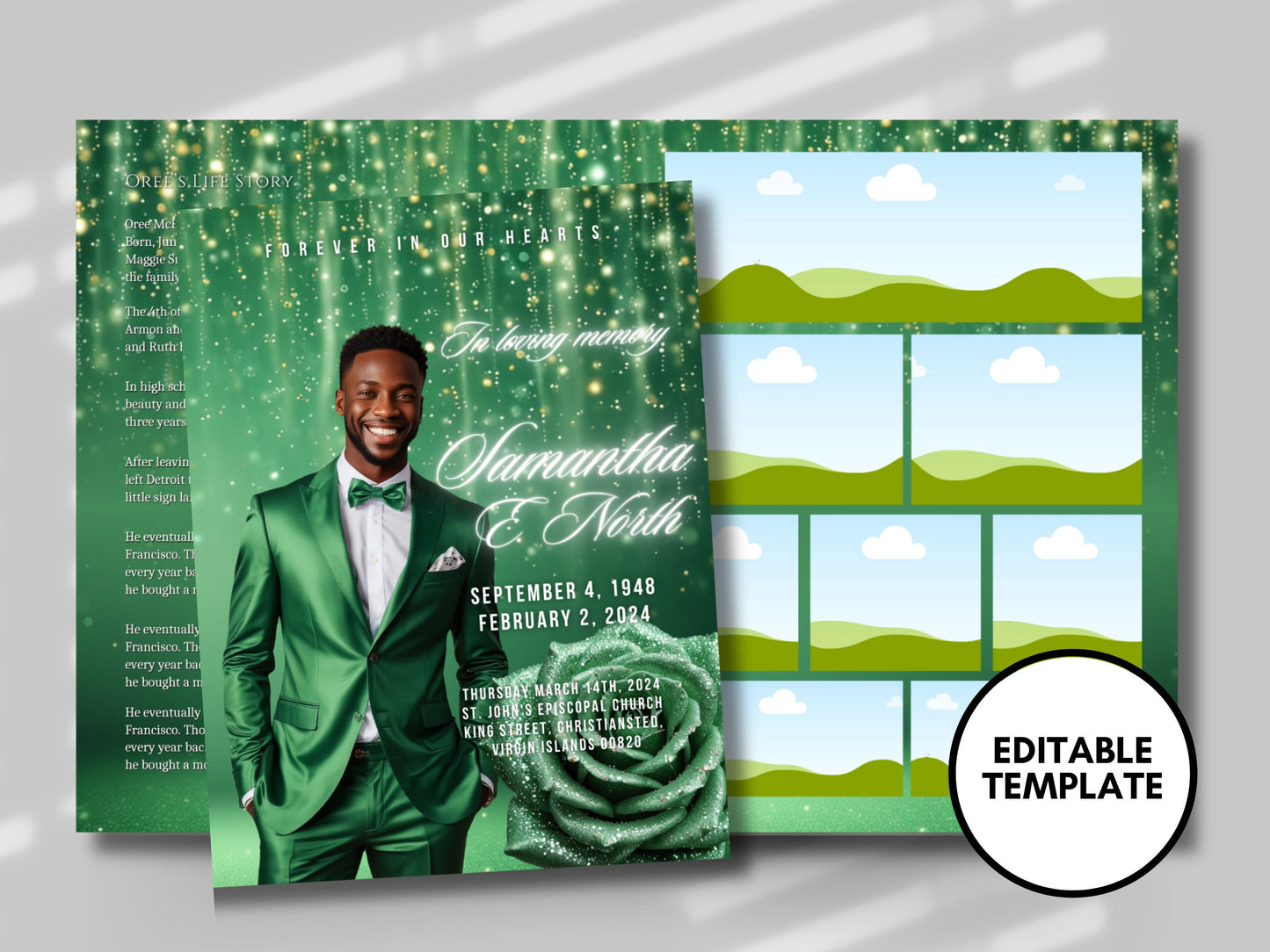 Funeral programs 8.5X11 editable template 8 page Men's Green Sparkle Program In loving memory funeral brochure printing DIY Funeral booklet