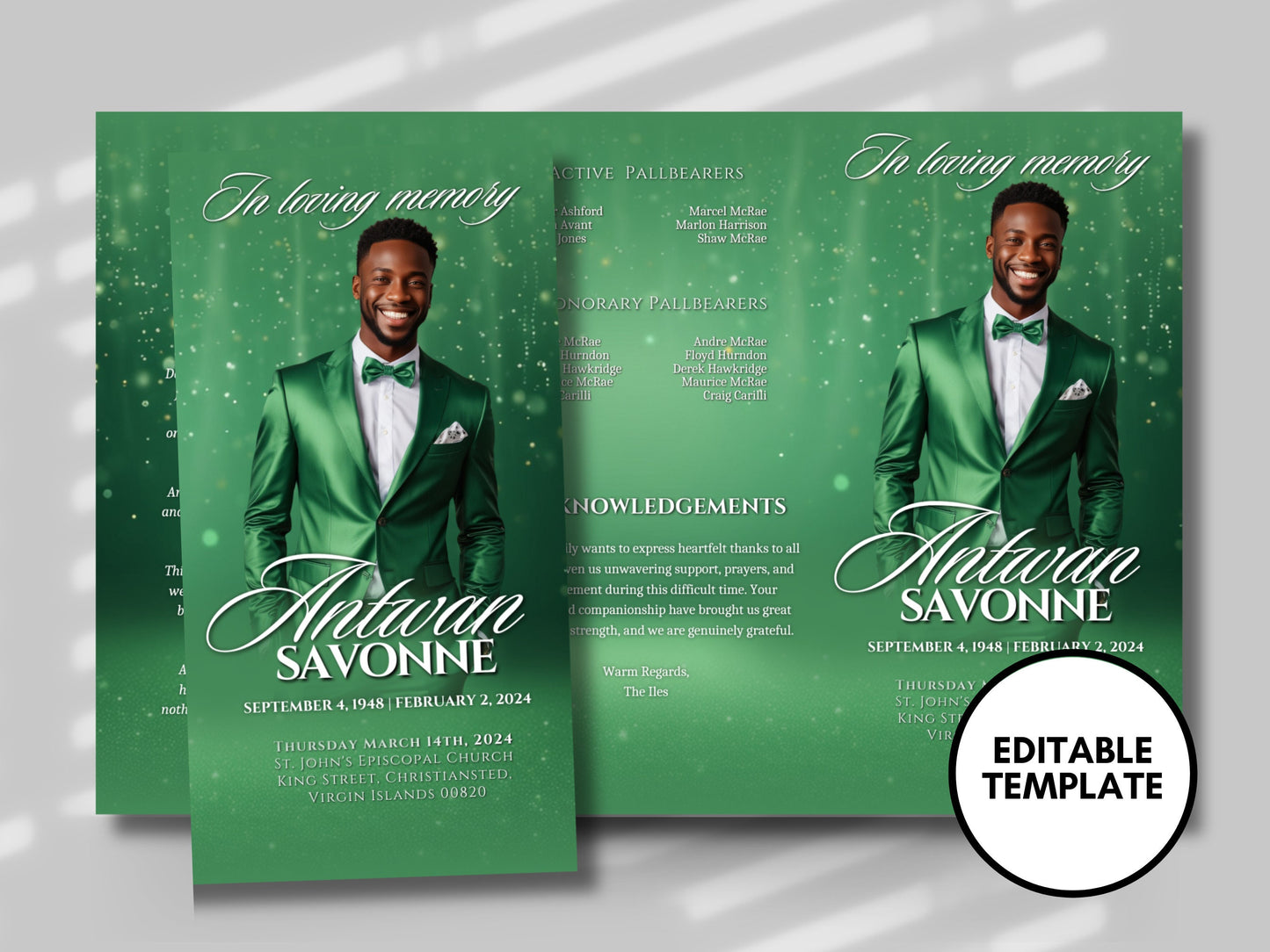 Funeral programs 17x11 editable template TRIFOLD Mens Green Sparkle In loving memory funeral brochure printing DIY Funeral booklet