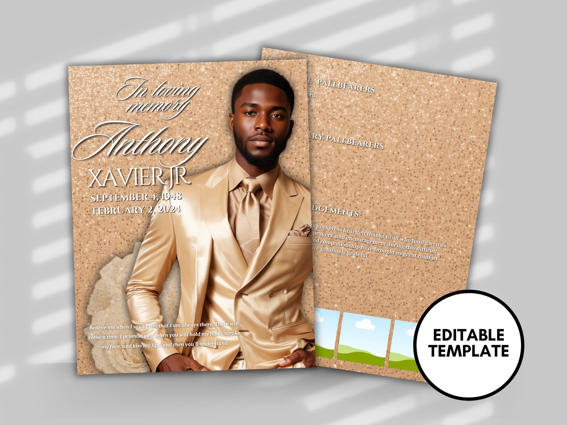 Funeral programs editable template 2 page 8.5x11 Mens Beige Sparkling Program In loving memory funeral brochure printing DIY Funeral booklet