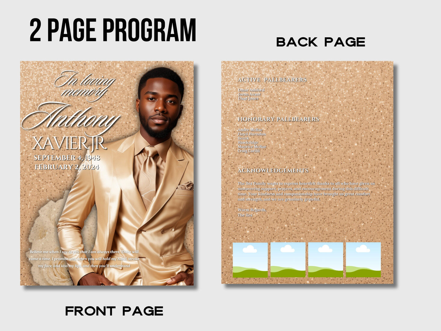 Funeral programs editable template 2 page 8.5x11 Mens Beige Sparkling Program In loving memory funeral brochure printing DIY Funeral booklet