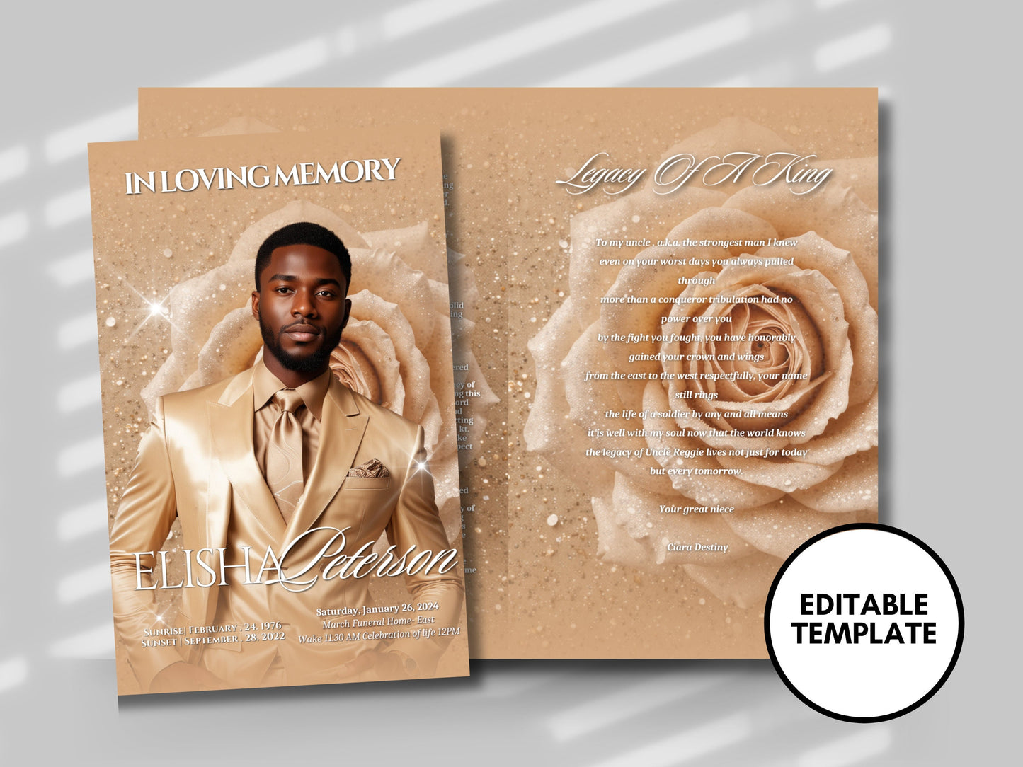 Funeral programs 8.5X11 editable template 8 page Men's Beige Sparkle Program In loving memory funeral brochure printing DIY Funeral booklet