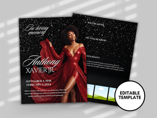 Funeral programs editable template 2 page 8.5x11 Womens Red & black Sparkling In loving memory funeral brochure printing DIY Funeral booklet