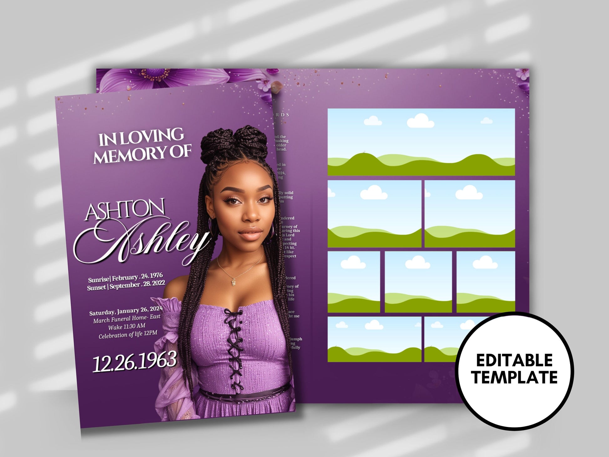 Funeral programs 8.5X11 editable template 8 page Women's Purple In loving memory funeral brochure printing DIY Funeral booklet