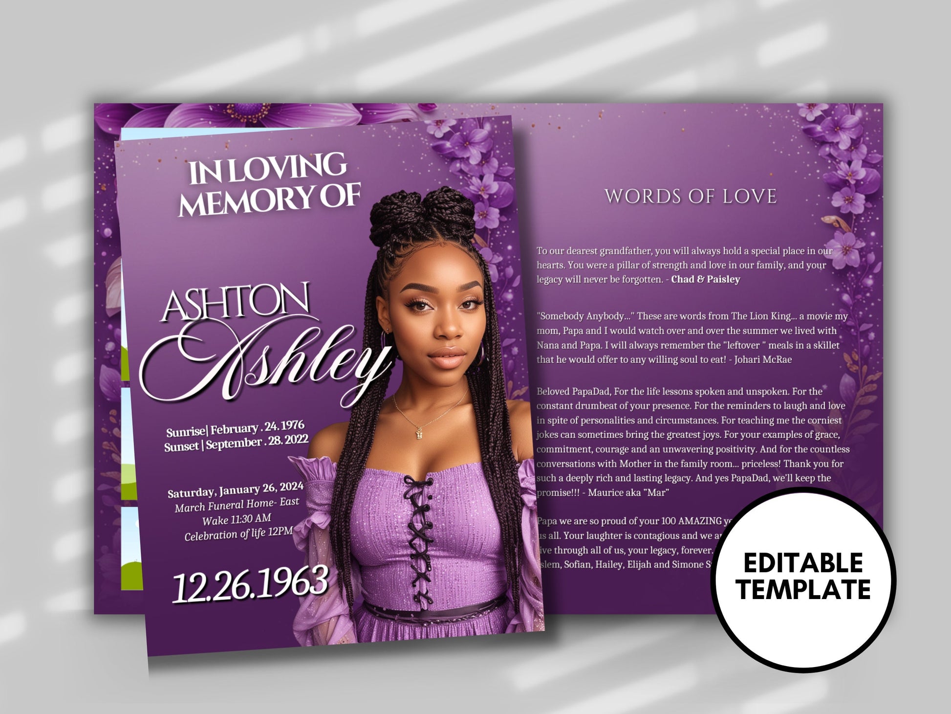 Funeral programs 8.5X11 editable template 8 page Women's Purple In loving memory funeral brochure printing DIY Funeral booklet