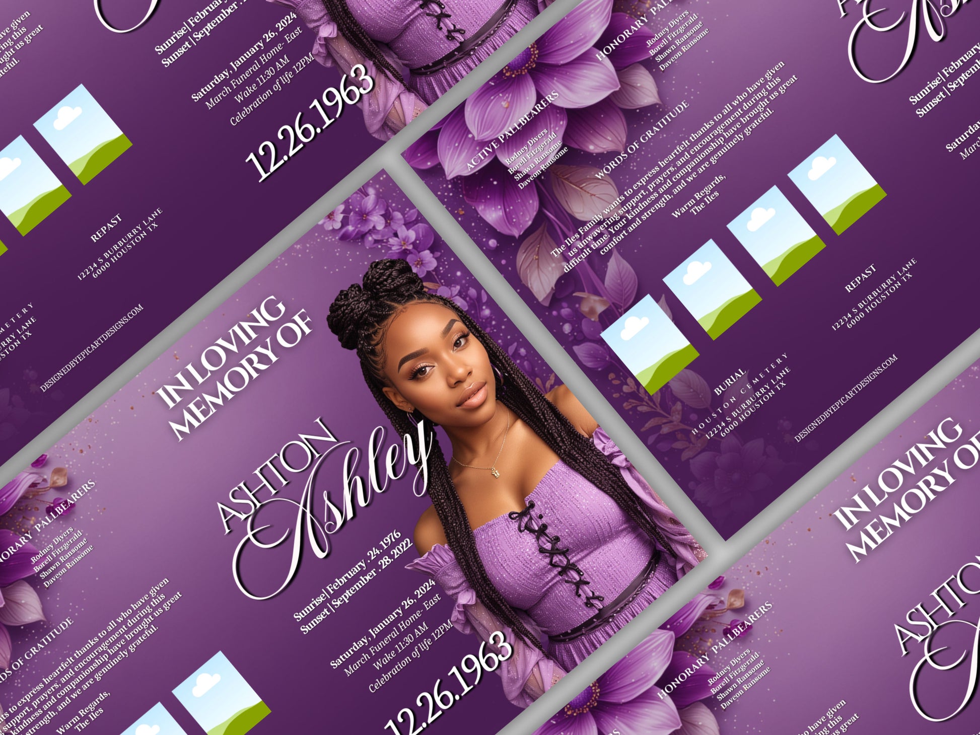 Funeral programs 8.5X11 editable template 8 page Women's Purple In loving memory funeral brochure printing DIY Funeral booklet