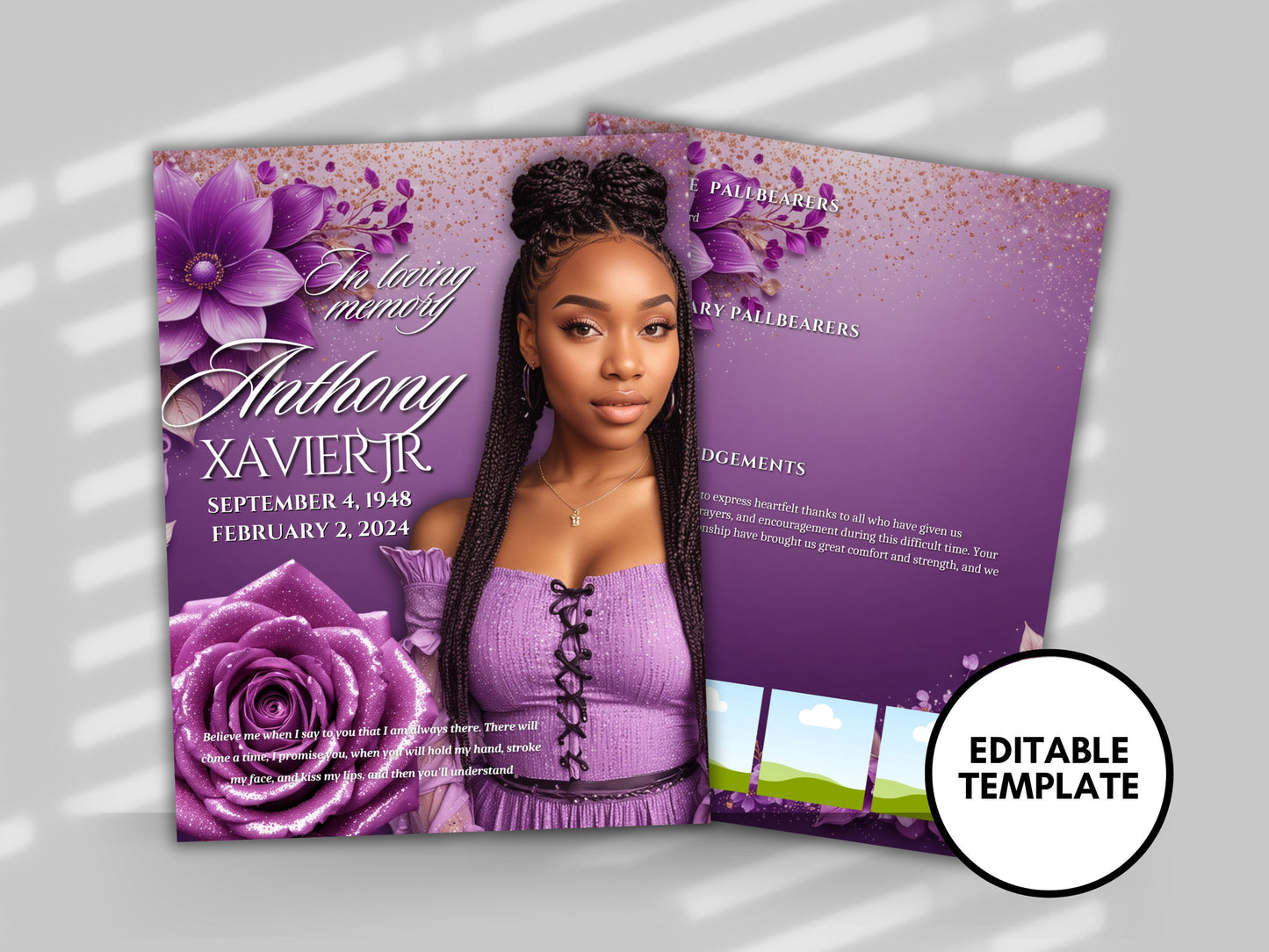 Funeral programs editable template 2 page 8.5x11 Women's Purple In loving memory funeral brochure printing DIY Funeral booklet