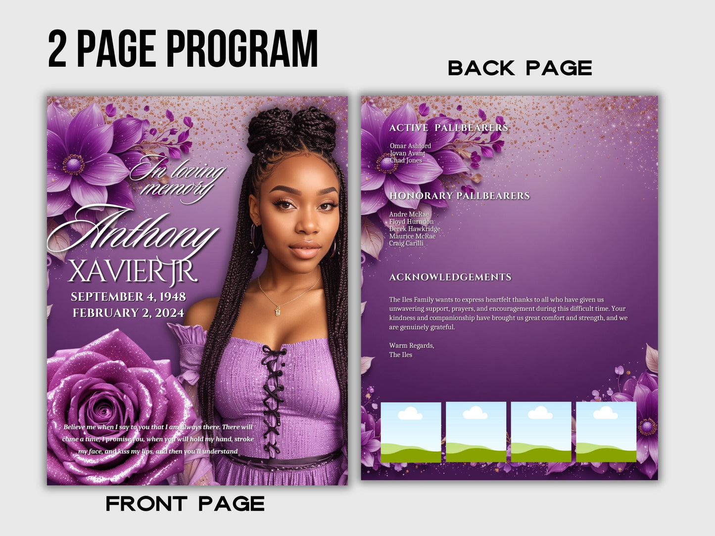 Funeral programs editable template 2 page 8.5x11 Women's Purple In loving memory funeral brochure printing DIY Funeral booklet