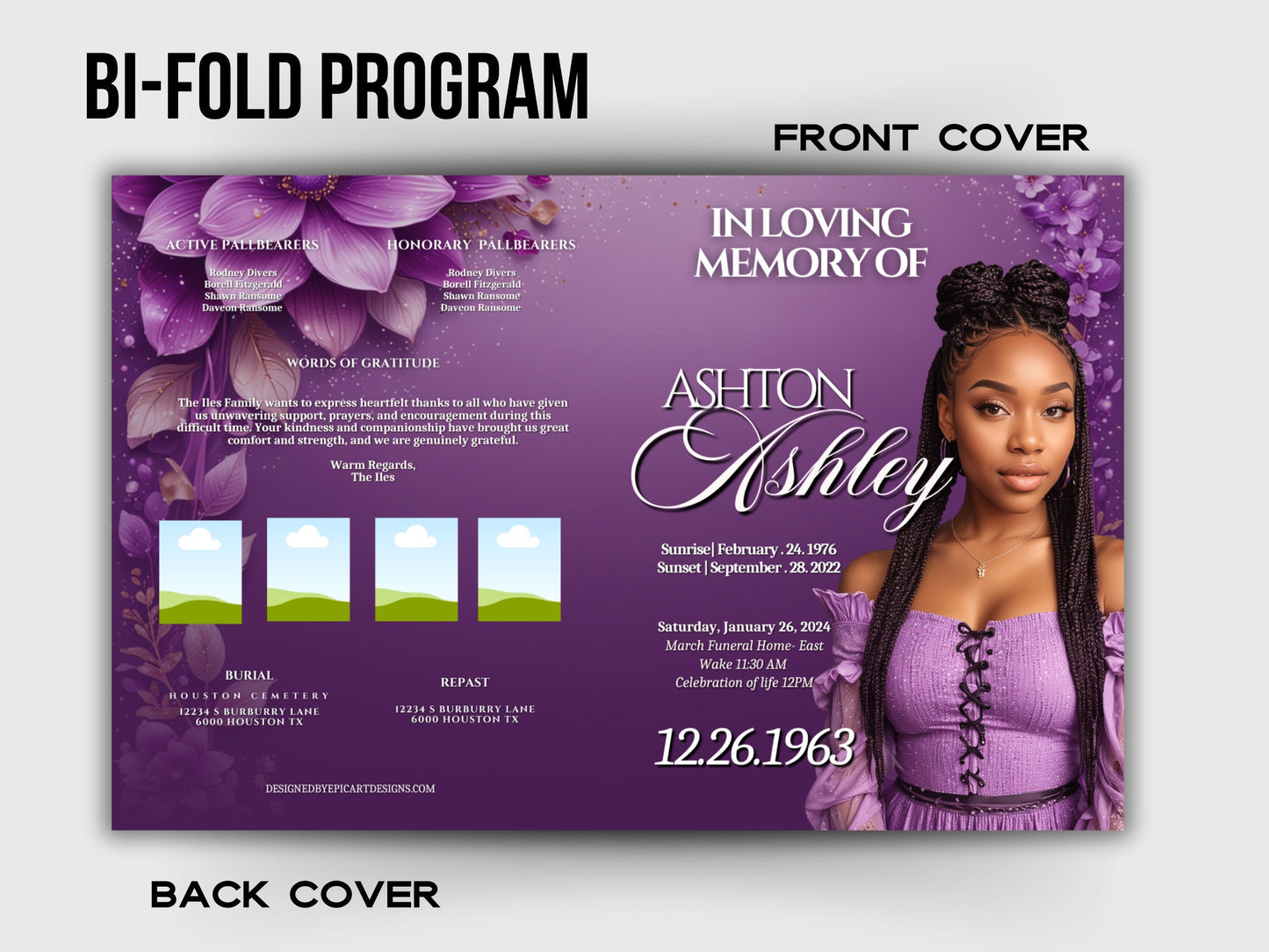 Funeral programs 5.5"x8.5" editable template 8 page Women's Purple In loving memory funeral brochure printing DIY Funeral booklet