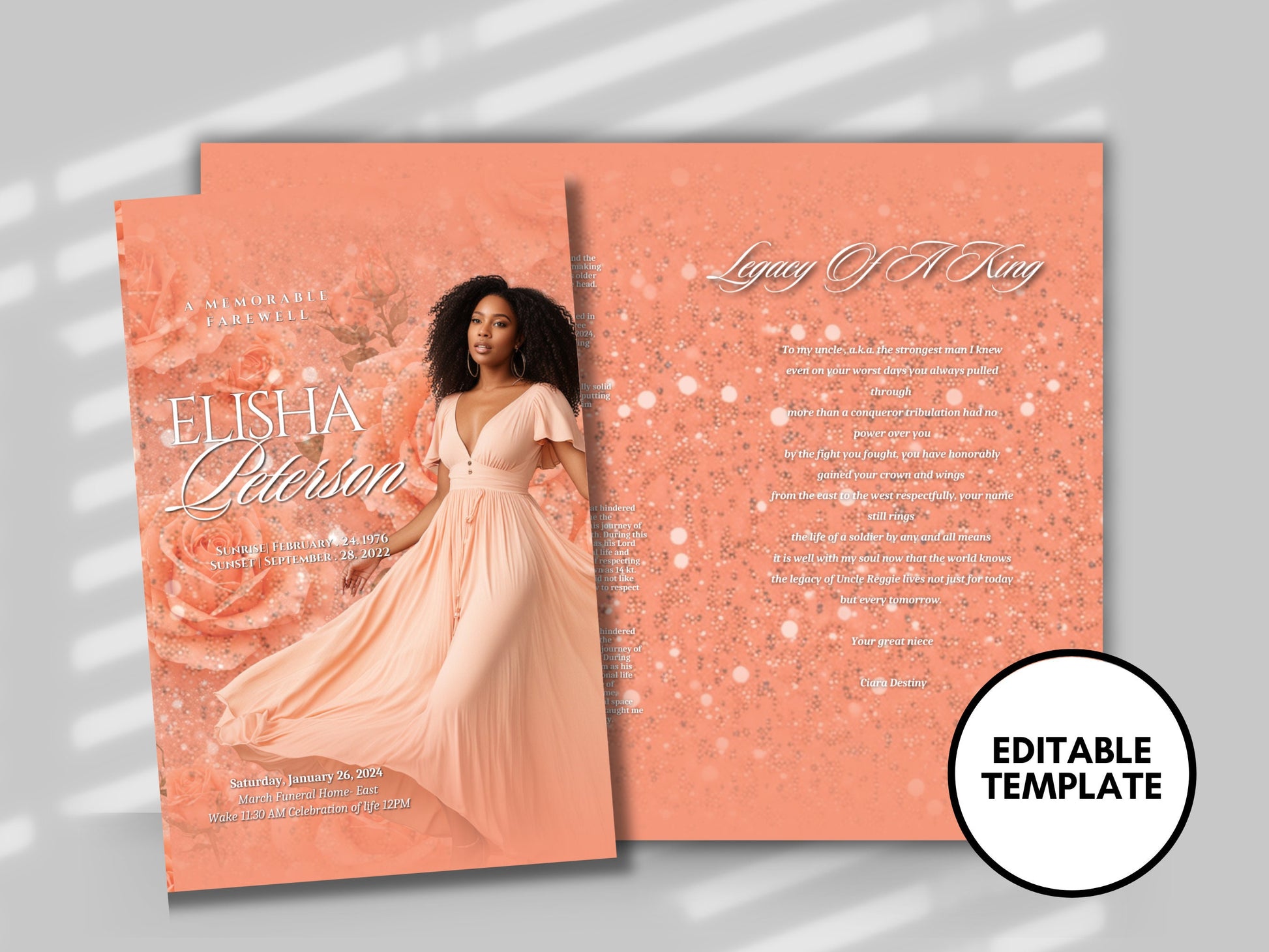 Funeral programs 8.5X11 editable template 8 page Women's Peach In loving memory funeral brochure printing DIY Funeral booklet