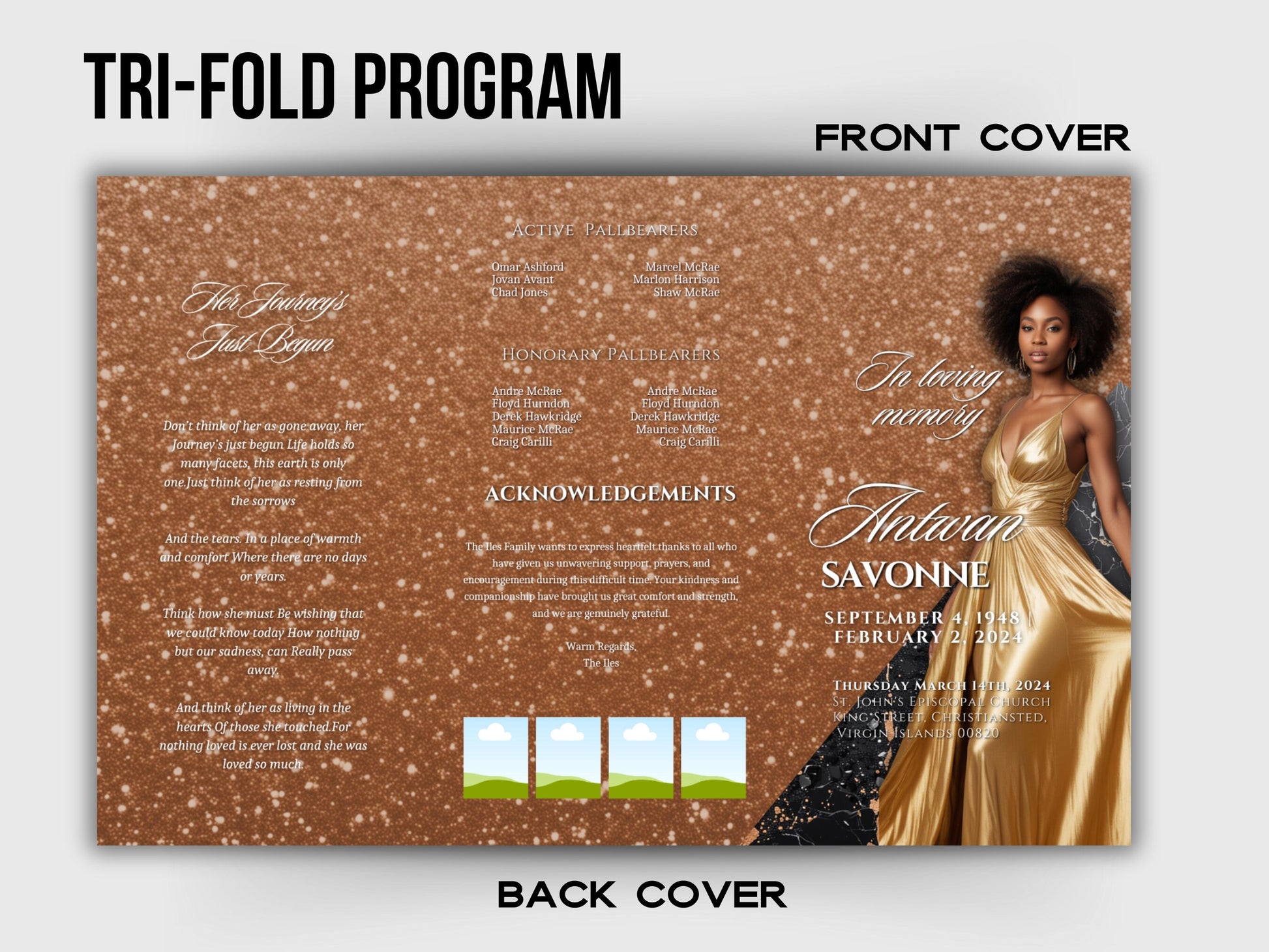 Funeral program 17"X11"editable templateTRIFOLD Women's Brown In loving memory funeral brochure printing DIY Funeral booklet Printable