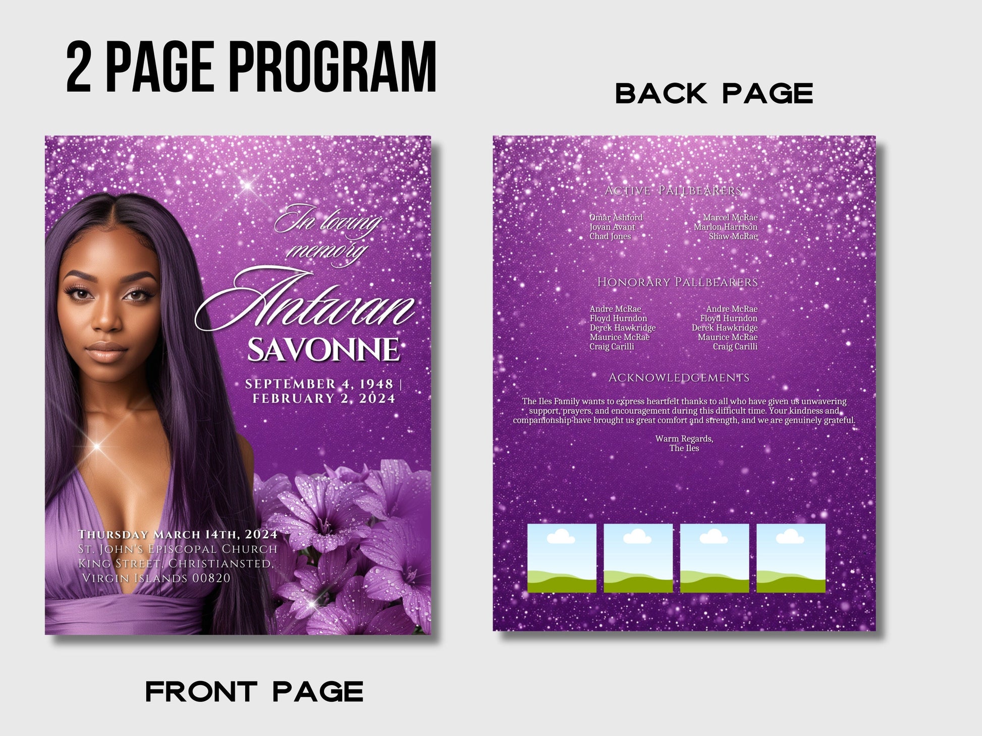 Funeral programs editable template 2 page 8.5x11 Women Purple Flower In loving memory funeral brochure printing DIY Funeral booklet