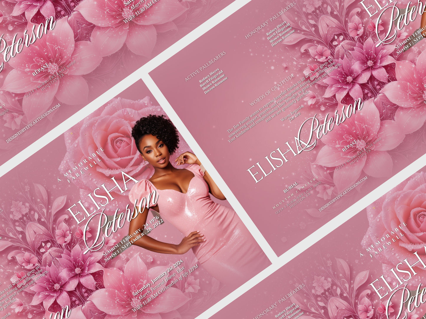 Funeral programs 8.5X11 editable template 8 page Women's Pink Sparkling In loving memory funeral brochure printing DIY Funeral booklet