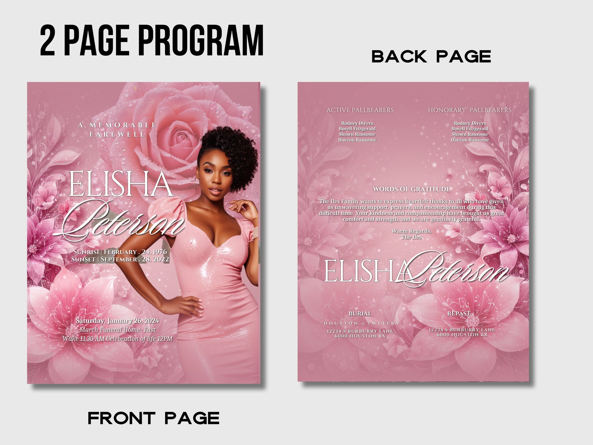 Funeral programs editable template 2 page 8.5x11 Women Pink Sparkling In loving memory funeral brochure printing DIY Funeral booklet