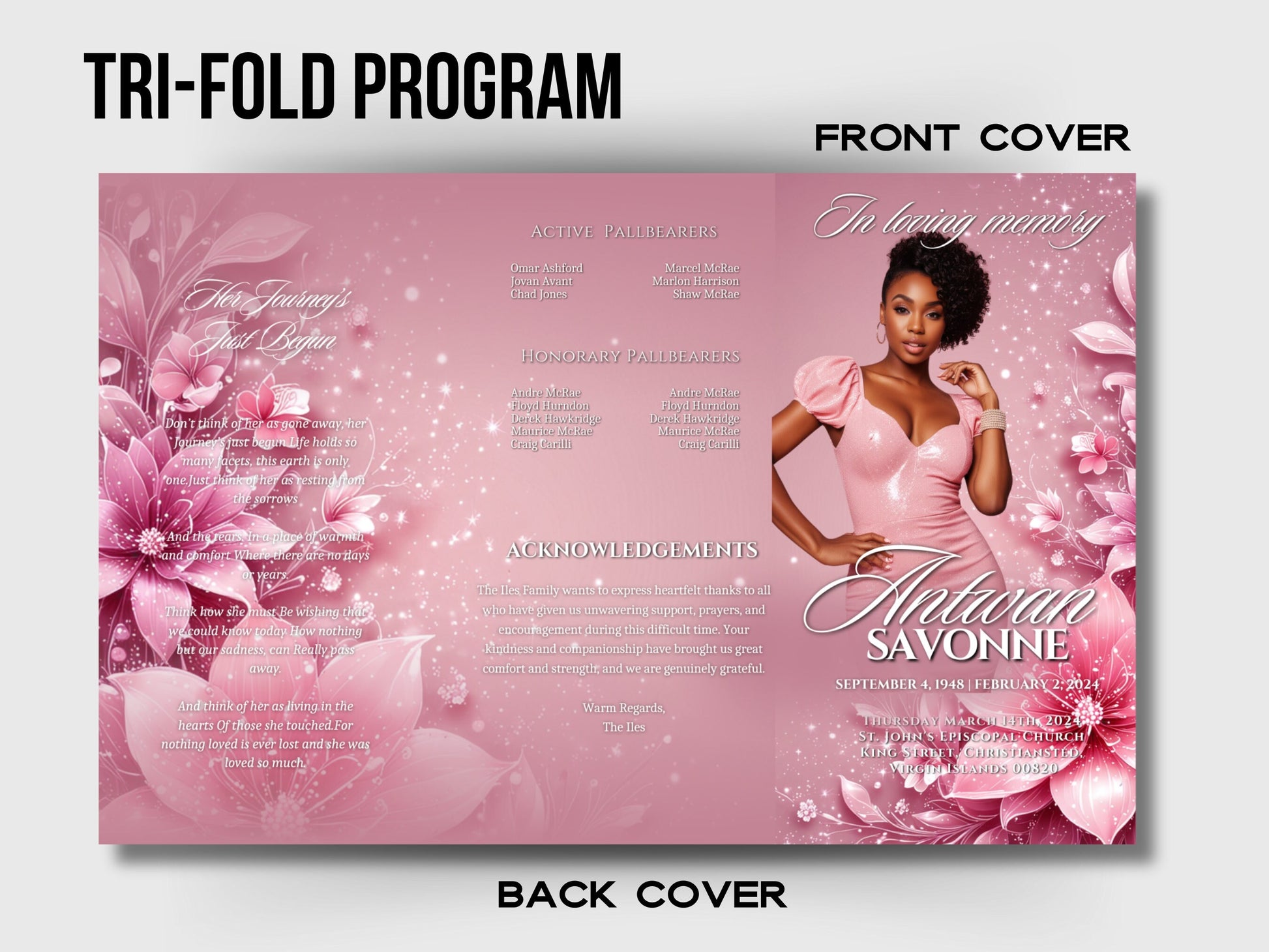 Funeral program 17"X11"editable template TRIFOLD Women Pink Sparkle In loving memory funeral brochure printing DIY Funeral booklet Printable