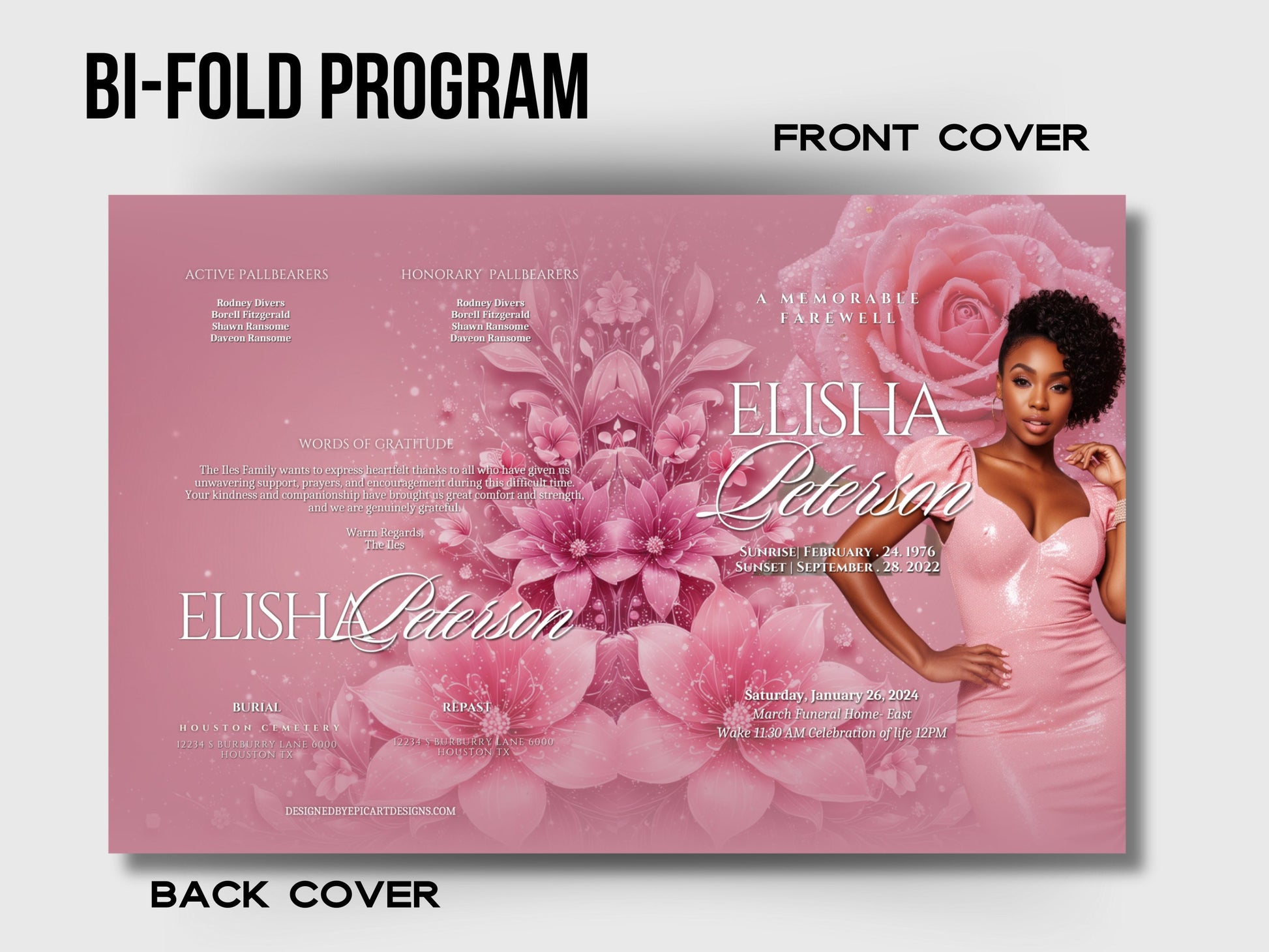 Funeral programs 5.5"x8.5" editable template 8 page Women's Pink Sparkle In loving memory funeral brochure printing DIY Funeral booklet