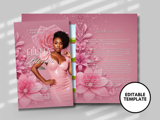 Funeral programs 5.5"x8.5" editable template 8 page Women's Pink Sparkle In loving memory funeral brochure printing DIY Funeral booklet