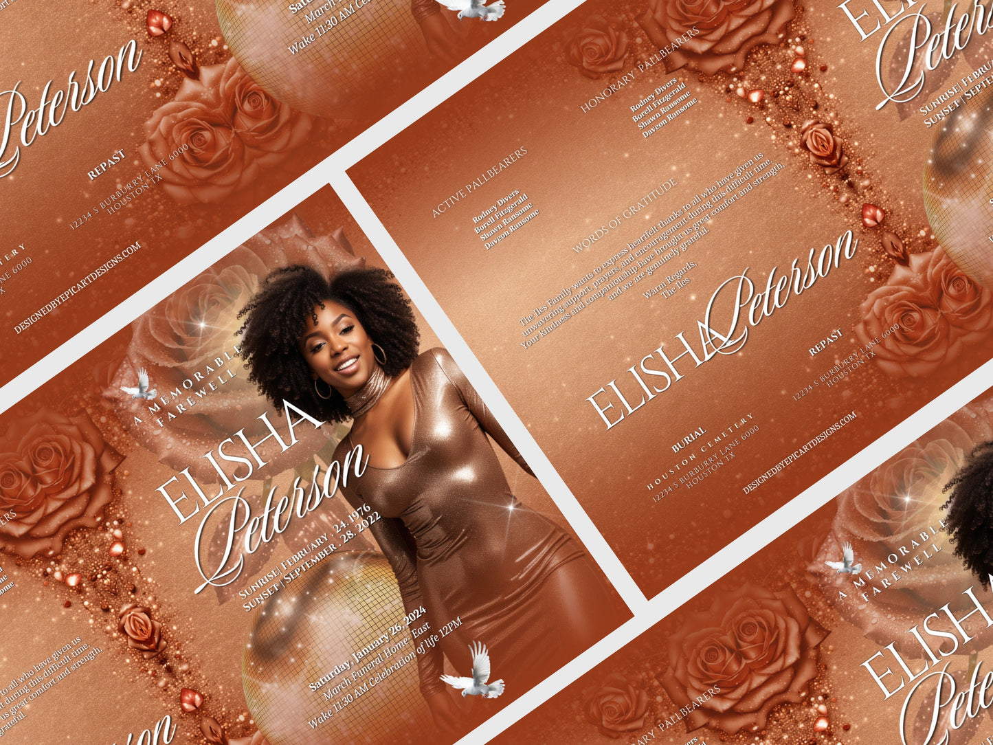 Funeral programs 8.5X11 editable template 8 page Women's Brown sparkle In loving memory funeral brochure printing DIY Funeral booklet