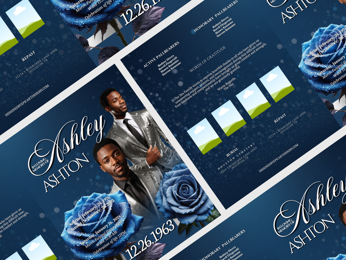 Funeral programs 8.5X11 editable template 8 page Men's Blue Silver In loving memory funeral brochure printing DIY Funeral booklet