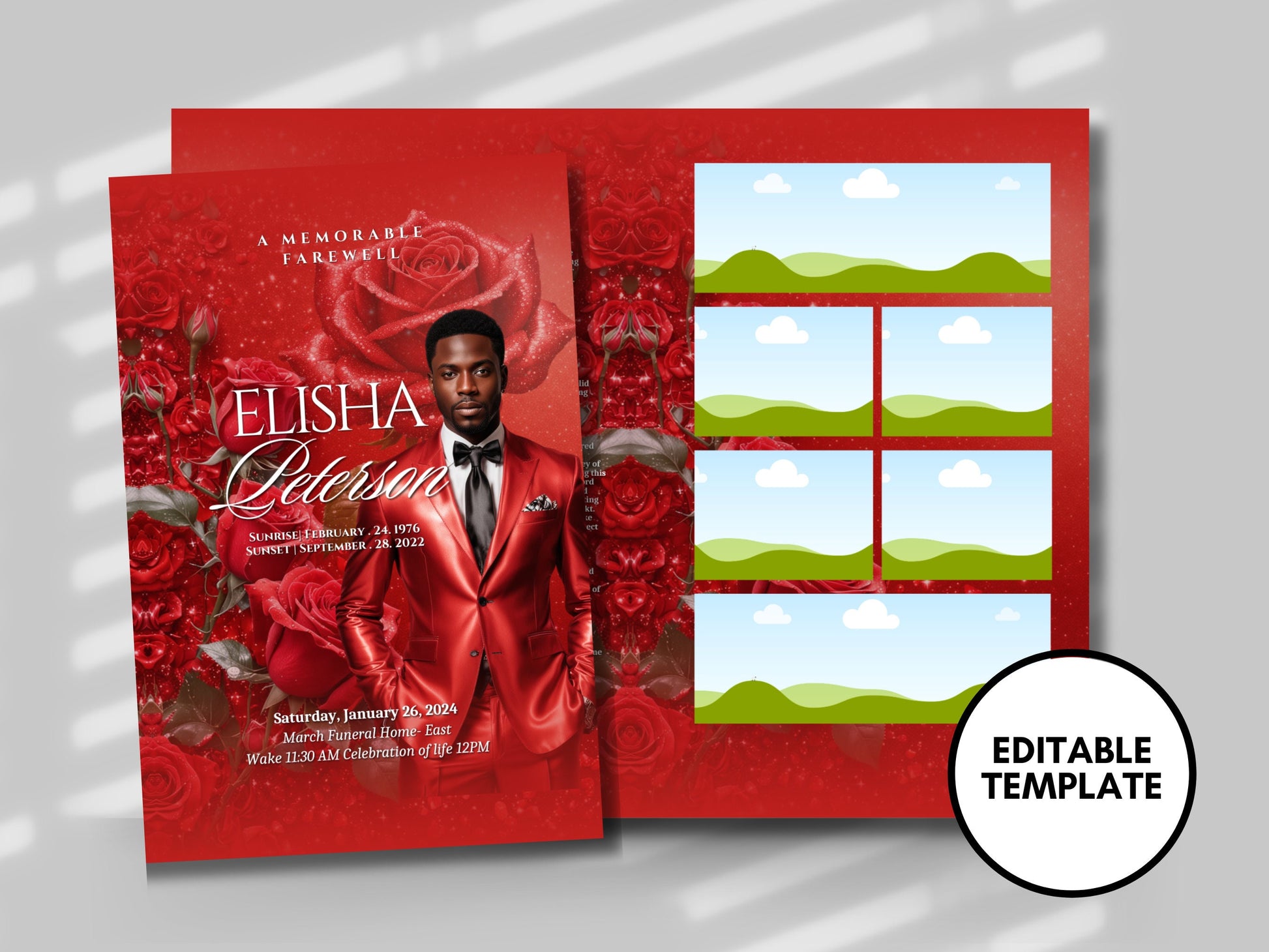 Funeral programs 8.5X11 editable template 8 page Men's Red Sparkle In loving memory funeral brochure printing DIY Funeral booklet