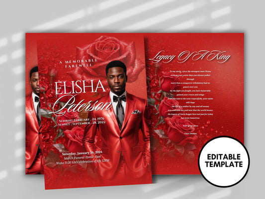 Funeral programs 8.5X11 editable template 8 page Men's Red Sparkle In loving memory funeral brochure printing DIY Funeral booklet