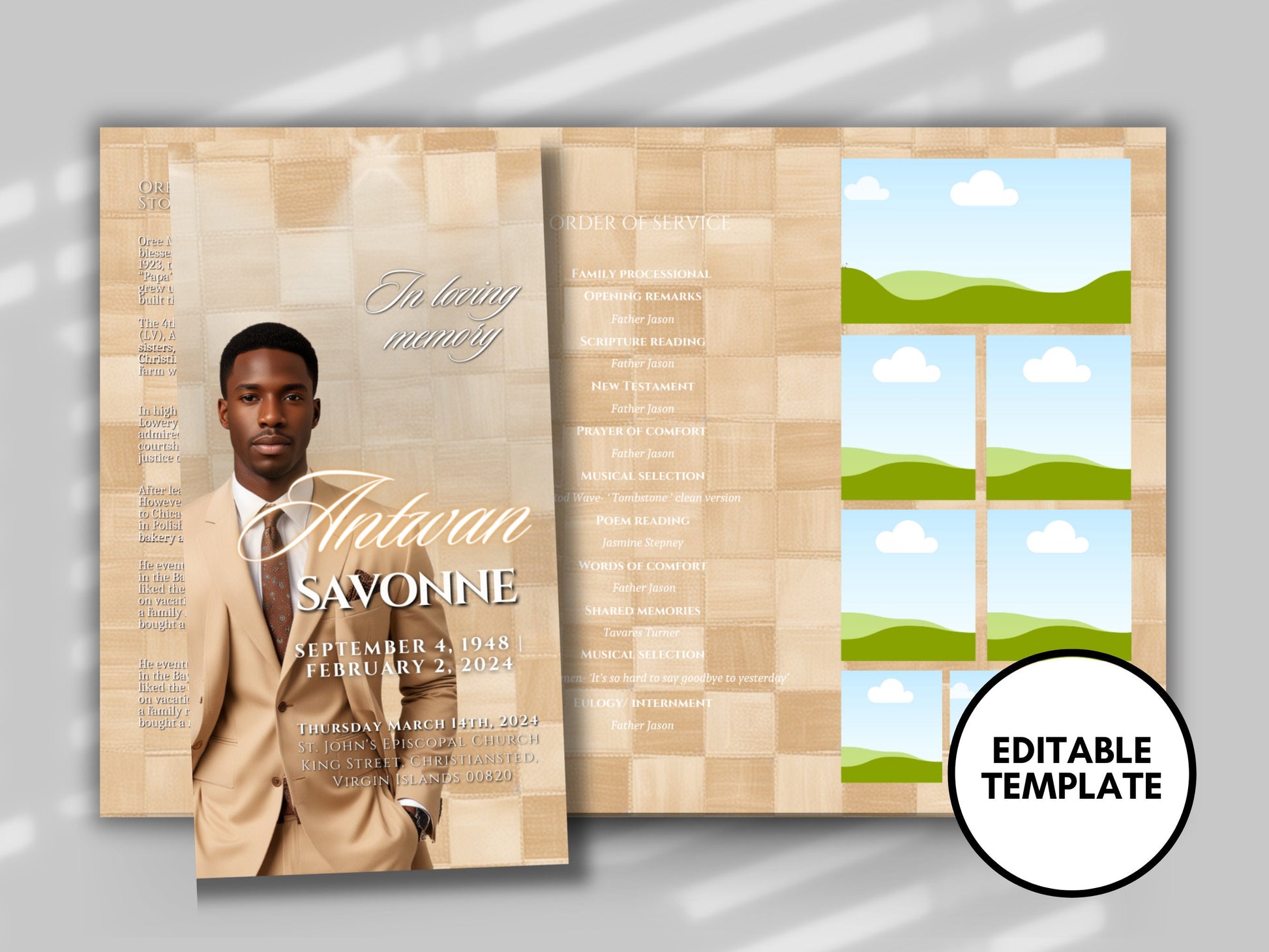 Funeral program 17"X11"editable templateTRIFOLD Men's Beige In loving memory funeral brochure printing DIY Funeral booklet Printable