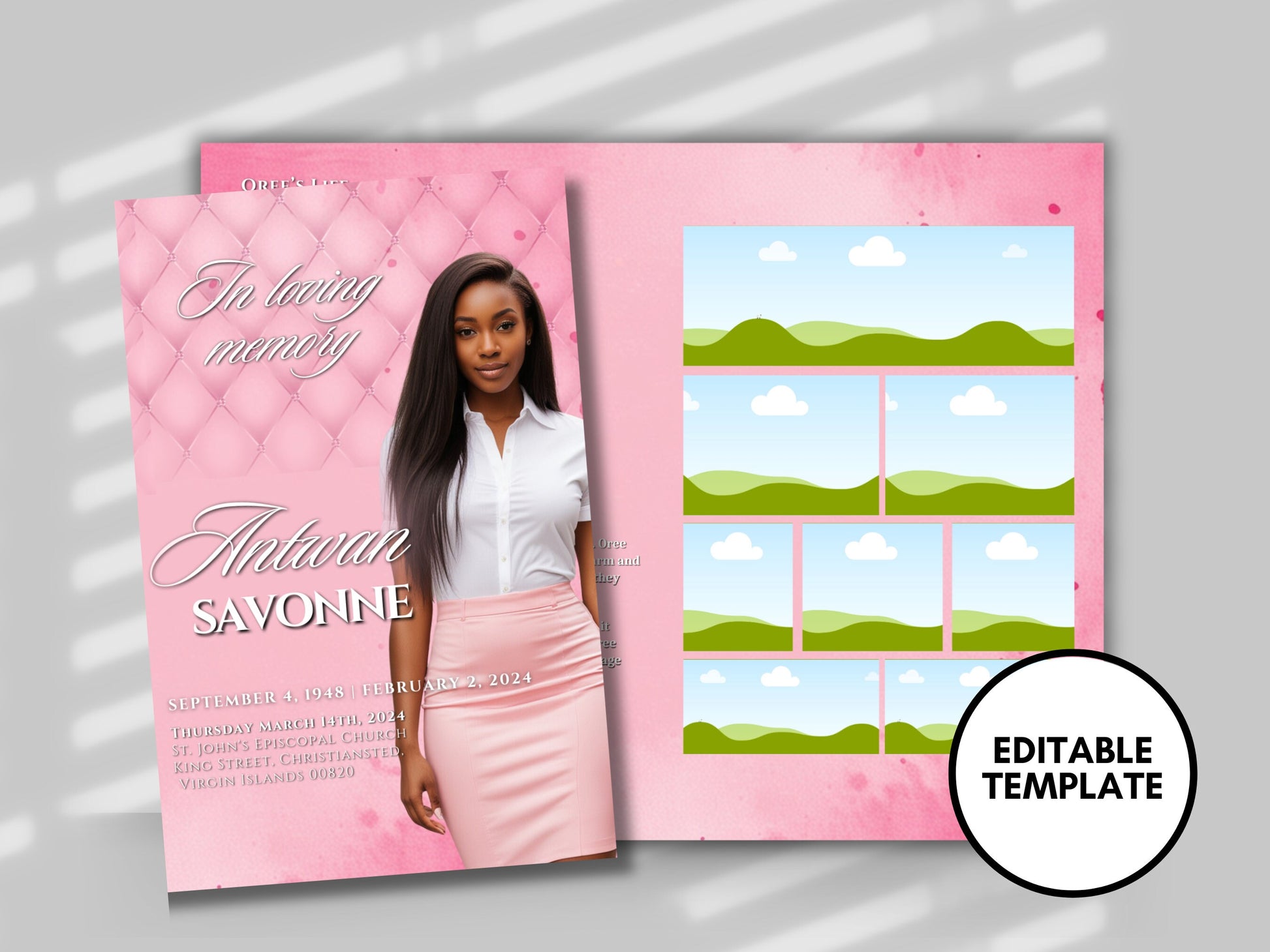 Funeral programs 5.5"x8.5" editable template 8 page Women's Pink In loving memory funeral brochure printing DIY Funeral booklet