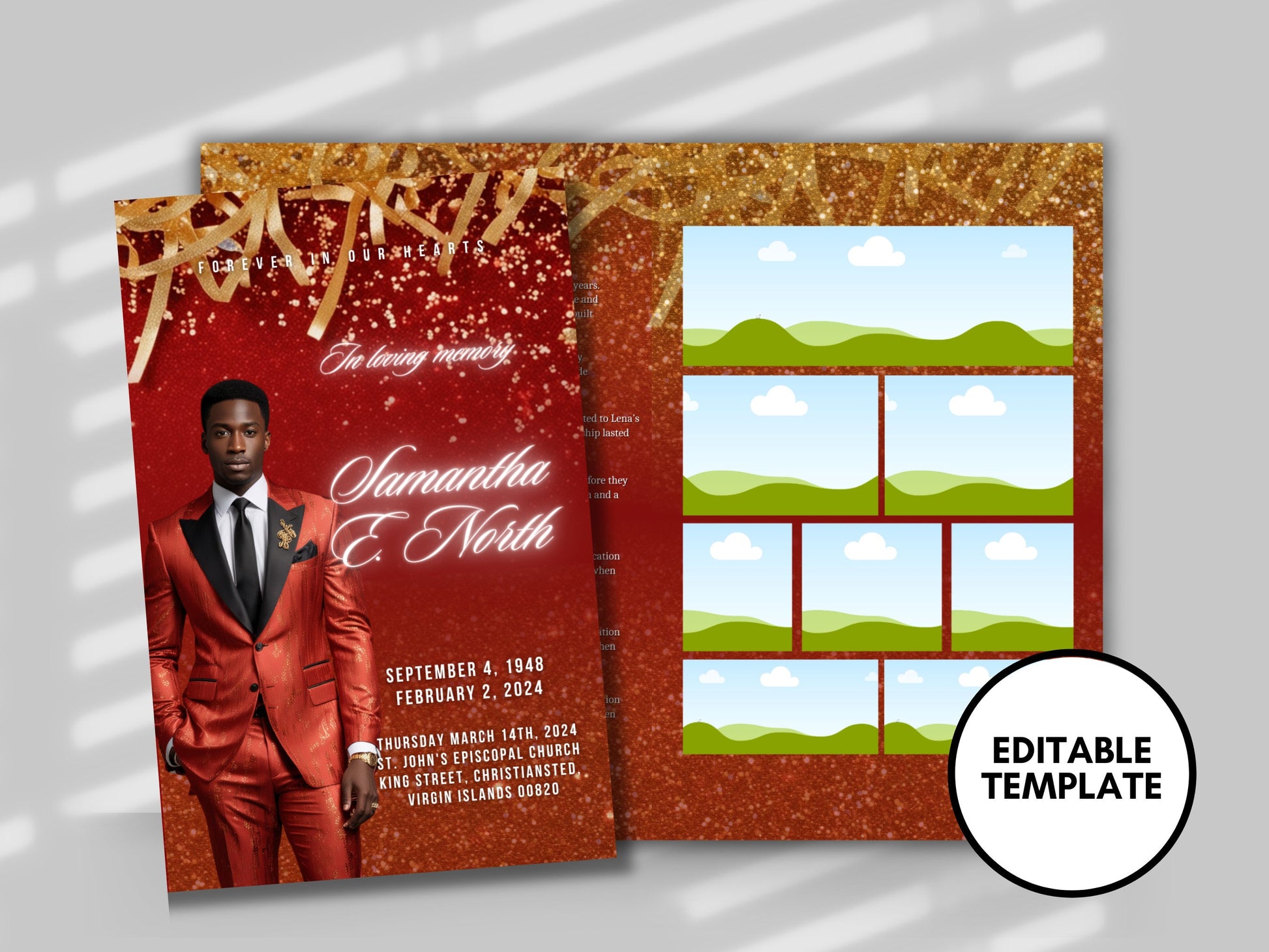 Funeral programs 8.5X11 editable template 8 page Men's Red Sparkle In loving memory funeral brochure printing DIY Funeral booklet