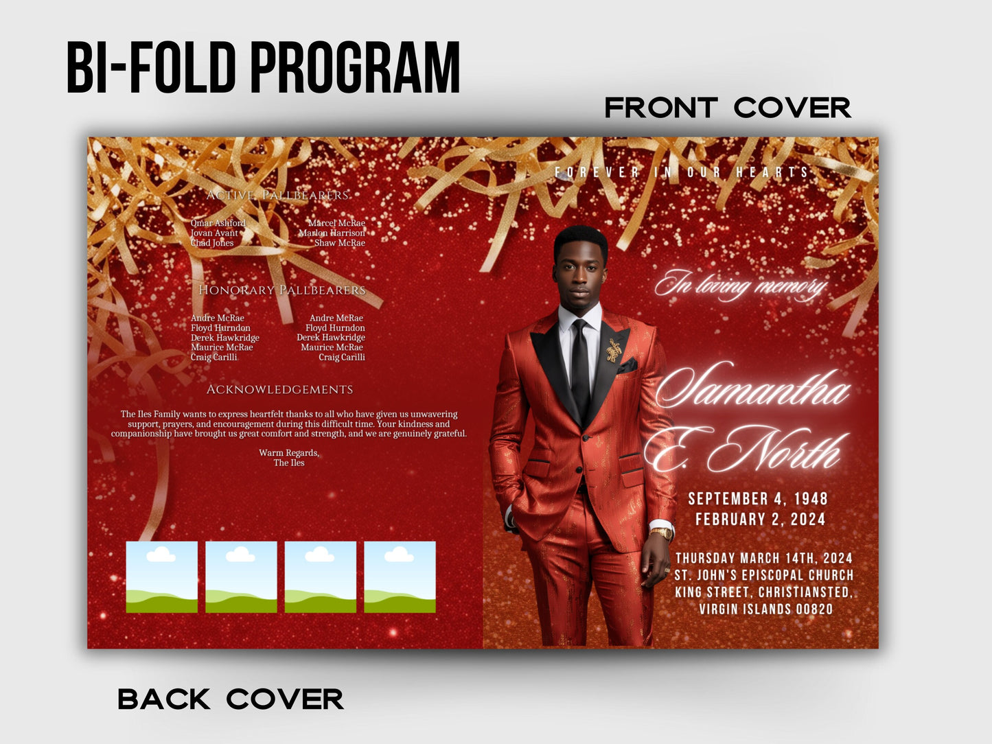 Funeral programs 5.5"x8.5" editable template 8 page Men's Red Sparkle In loving memory funeral brochure printing DIY Funeral booklet