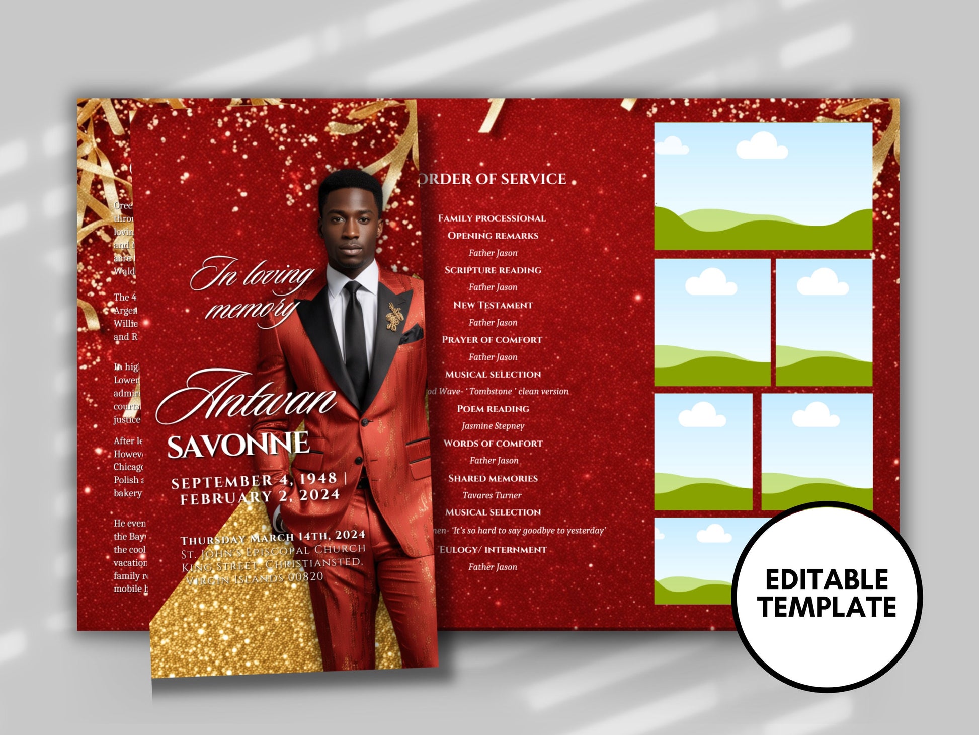 Funeral program 17"X11"editable templateTRIFOLD Men's Red Glitter In loving memory funeral brochure printing DIY Funeral booklet Printable