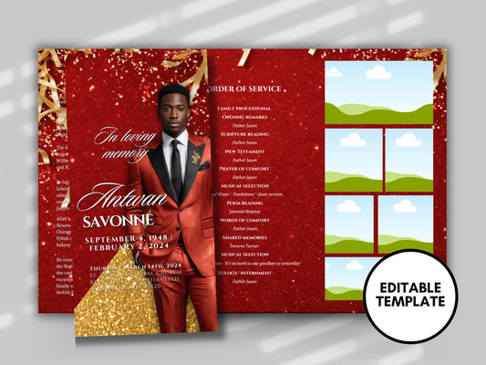 Funeral program 17"X11"editable templateTRIFOLD Men's Red Glitter In loving memory funeral brochure printing DIY Funeral booklet Printable