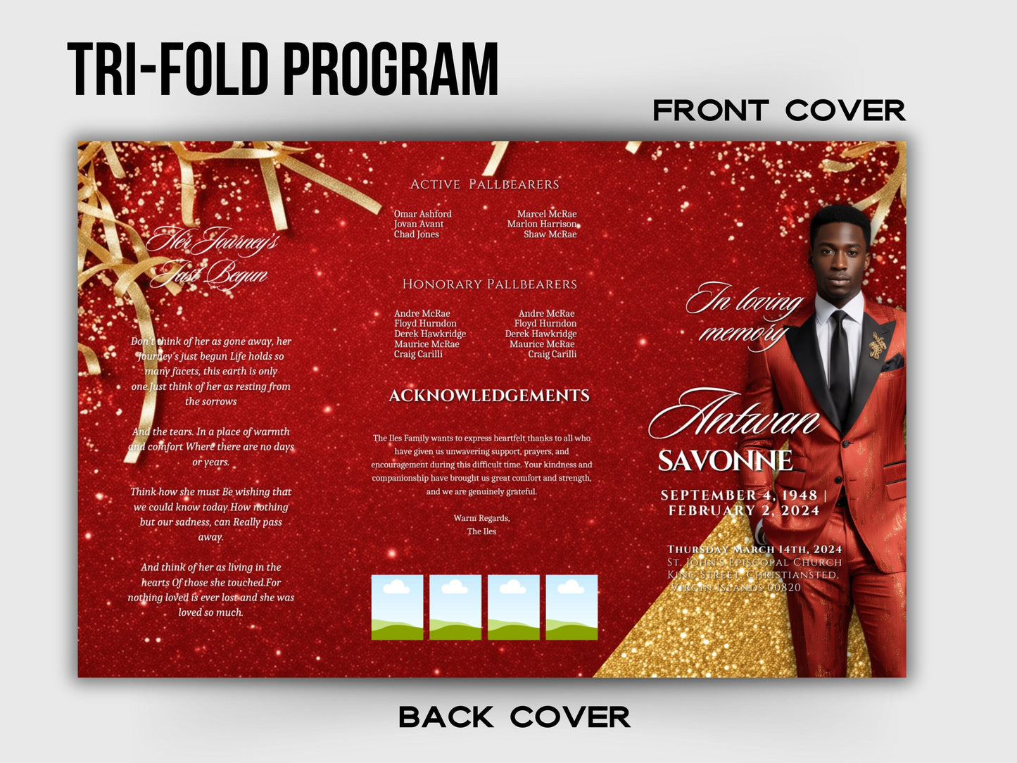 Funeral program 17"X11"editable templateTRIFOLD Men's Red Glitter In loving memory funeral brochure printing DIY Funeral booklet Printable