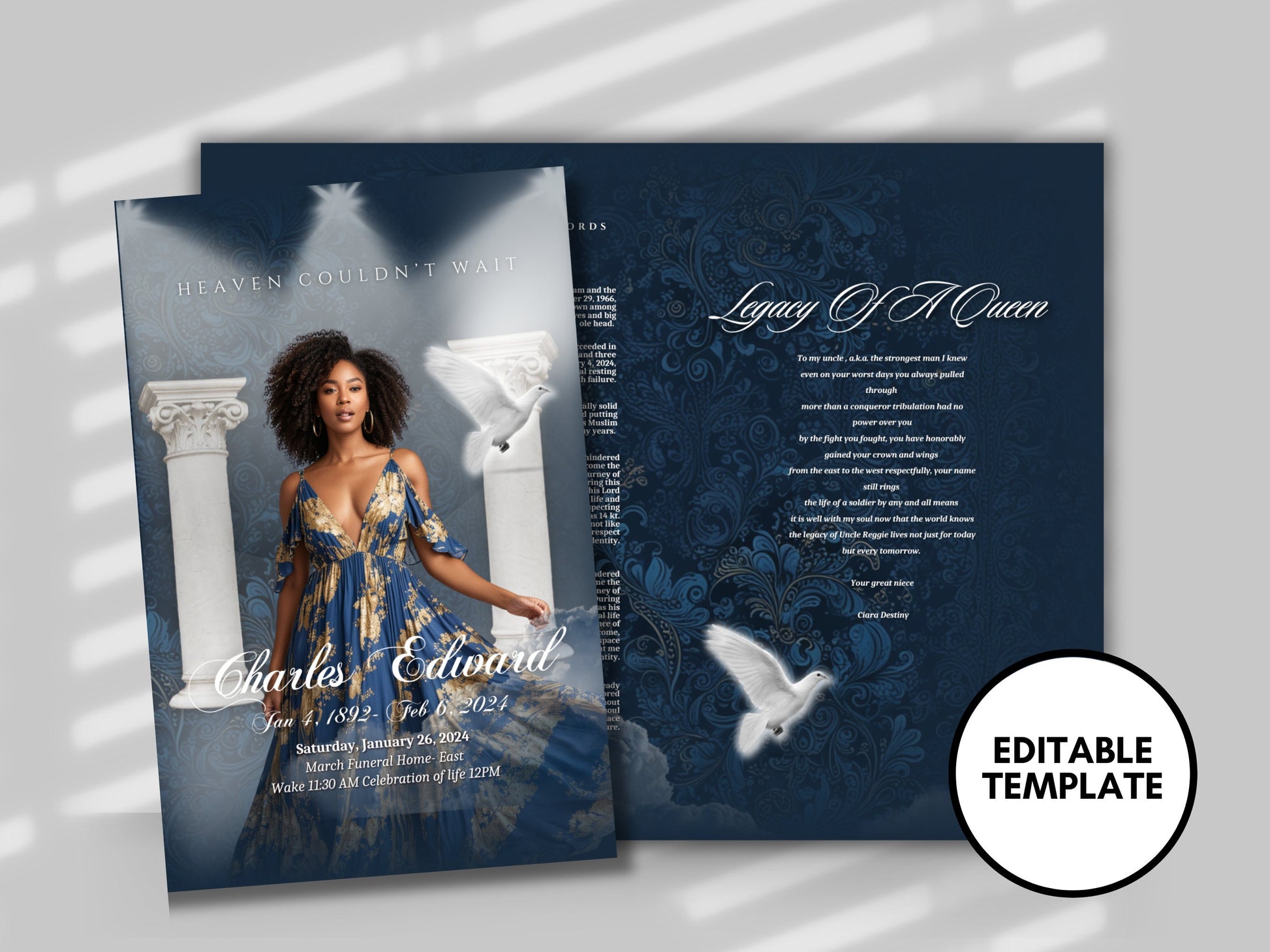 Funeral programs 8.5X11 editable template 8 page Women's Blue Gold In loving memory funeral brochure printing DIY Funeral booklet