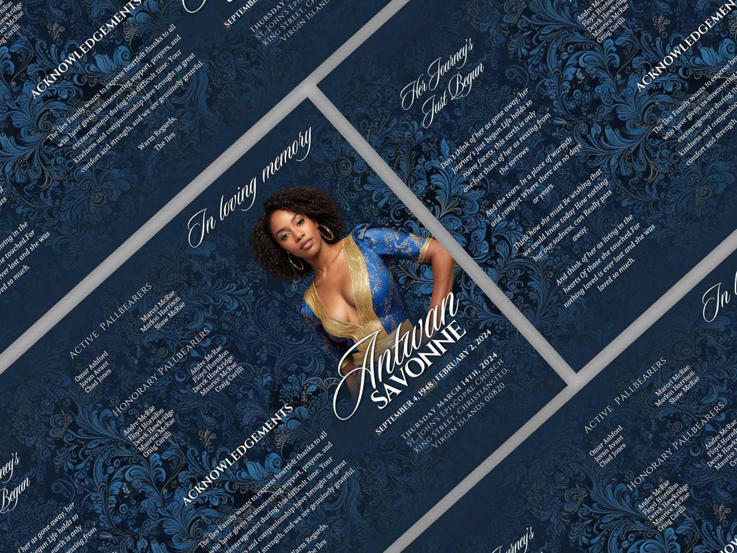 Funeral program 17"X11"editable templateTRIFOLD Women's Blue Gold In loving memory funeral brochure printing DIY Funeral booklet Printable