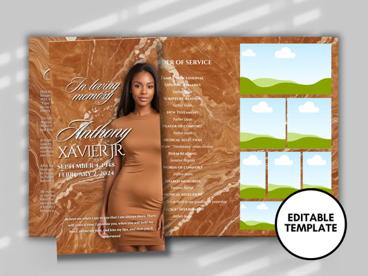 Funeral program 17"X11"editable templateTRIFOLD Women's Brown In loving memory funeral brochure printing DIY Funeral booklet Printable