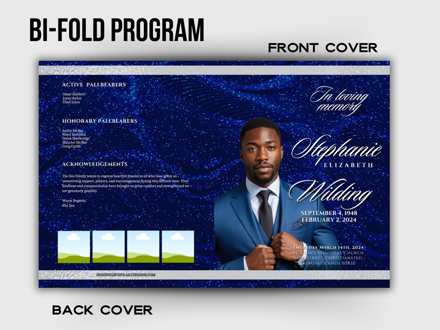 Funeral programs 5.5"x8.5" editable template 8 page Men's Dark Blue In loving memory funeral brochure printing DIY Funeral booklet