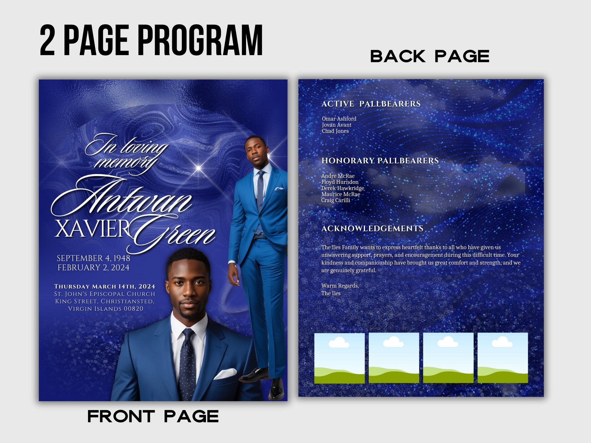 Funeral programs editable template 2 page 8.5x11 Men's Dark Blue In loving memory funeral brochure printing DIY Funeral booklet