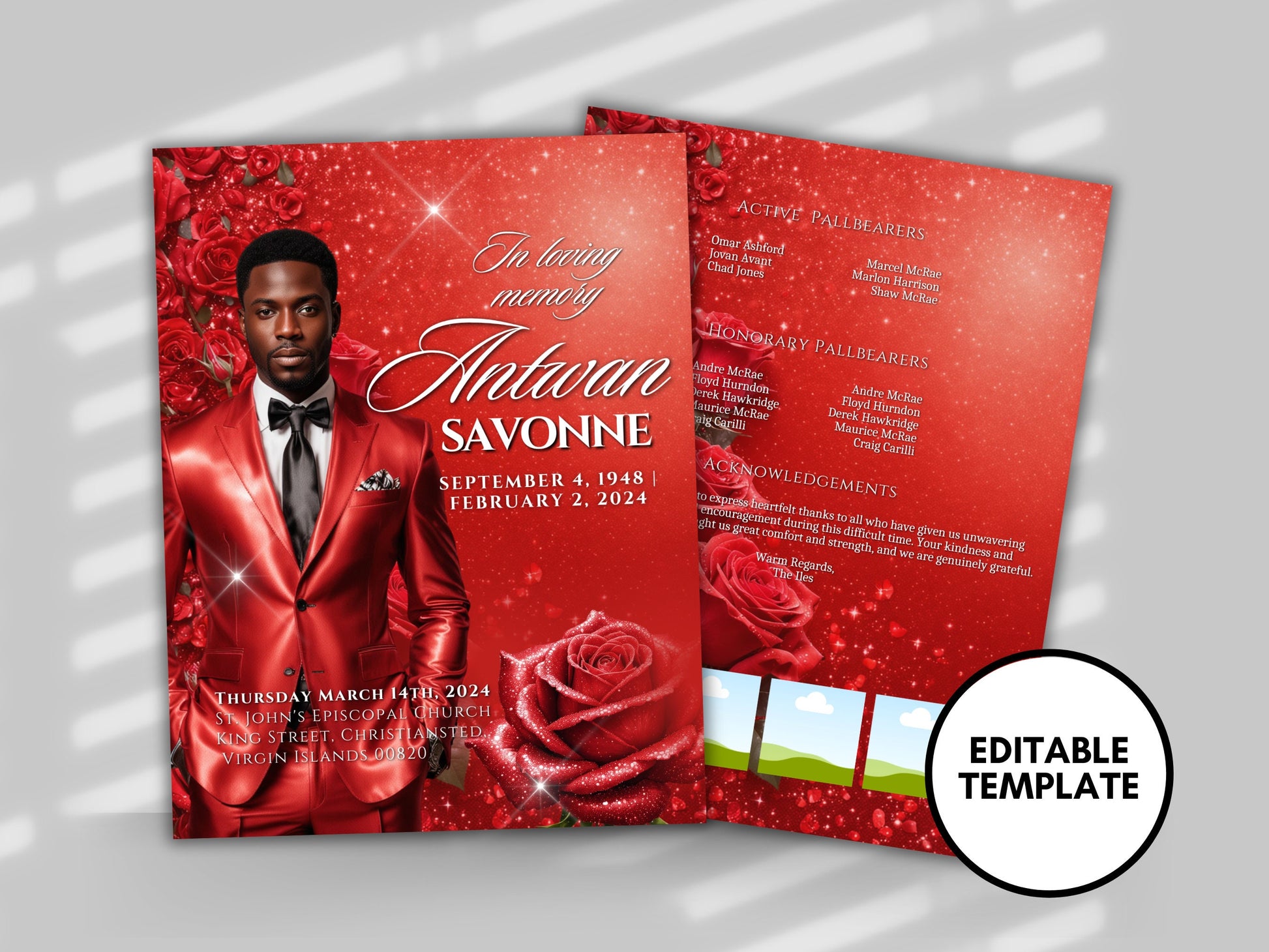 Funeral programs editable template 2 page 8.5x11 Men's Red Sparkle In loving memory funeral brochure printing DIY Funeral booklet