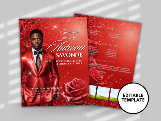 Funeral programs editable template 2 page 8.5x11 Men's Red Sparkle In loving memory funeral brochure printing DIY Funeral booklet