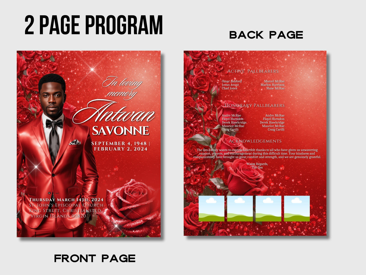 Funeral programs editable template 2 page 8.5x11 Men's Red Sparkle In loving memory funeral brochure printing DIY Funeral booklet