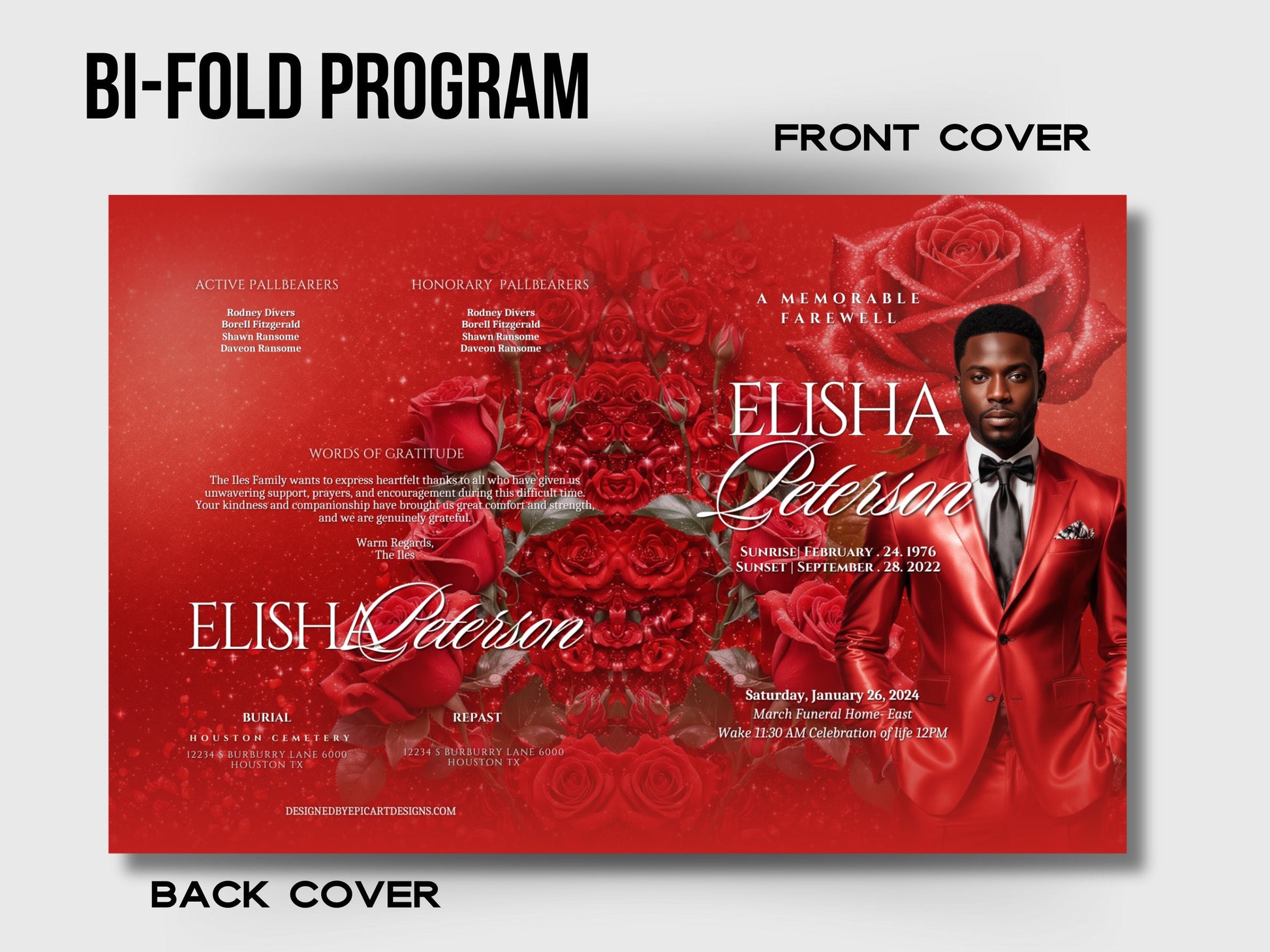 Funeral programs 5.5"x8.5" editable template 8 page Men's Red Glitter In loving memory funeral brochure printing DIY Funeral booklet