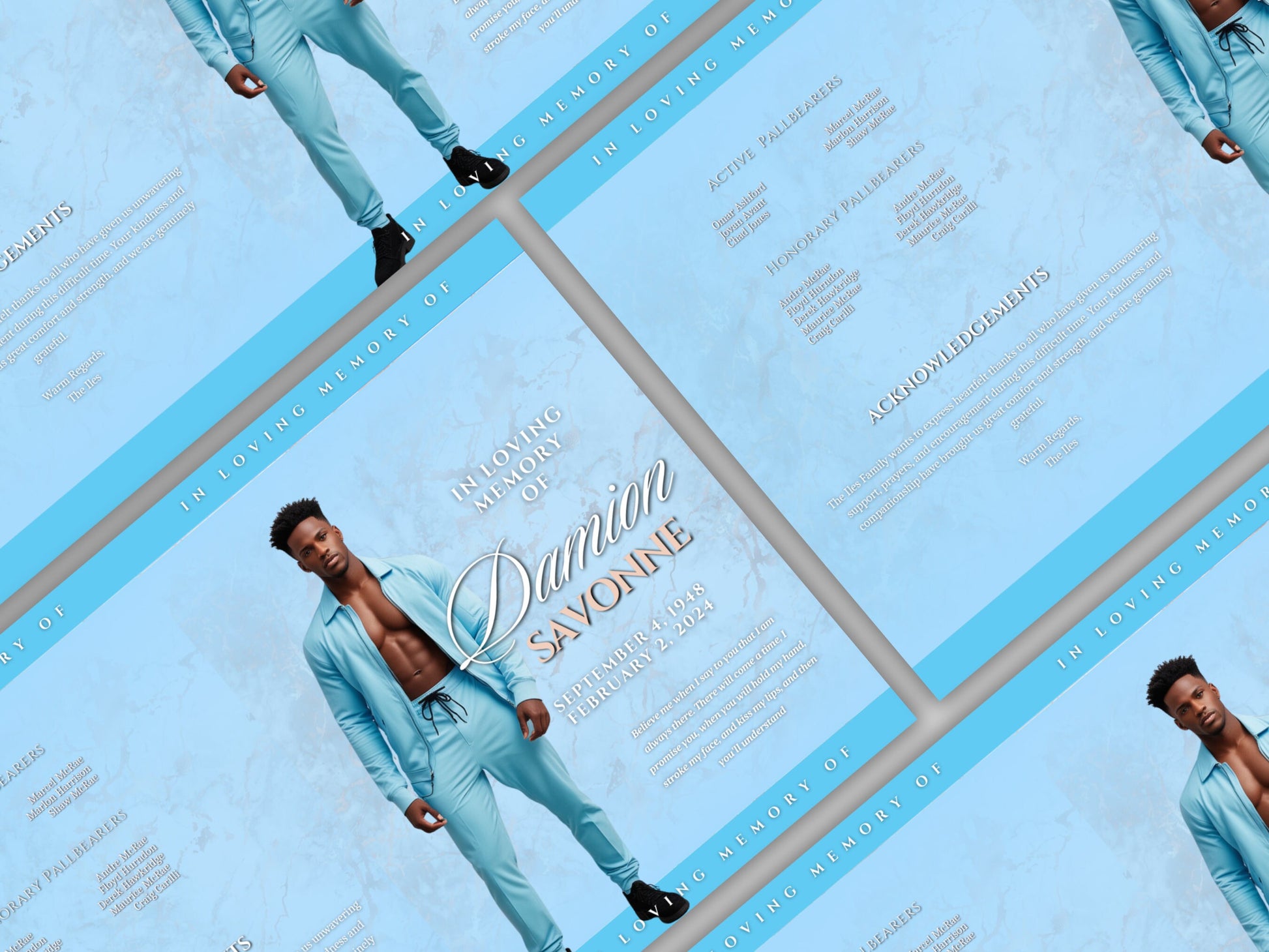 Funeral programs 5.5"x8.5" editable template 8 page Men's Sky Blue In loving memory funeral brochure printing DIY Funeral booklet