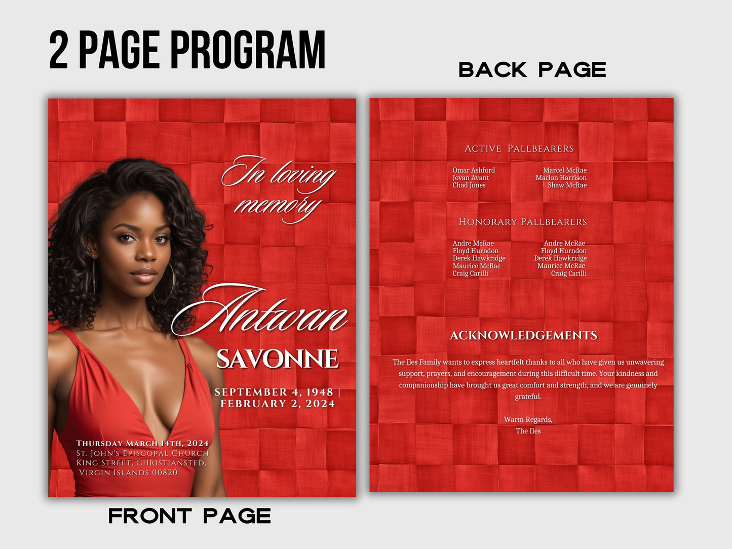 Funeral programs editable template 2 page 8.5x11 Women's Red In loving memory funeral brochure printing DIY Funeral booklet