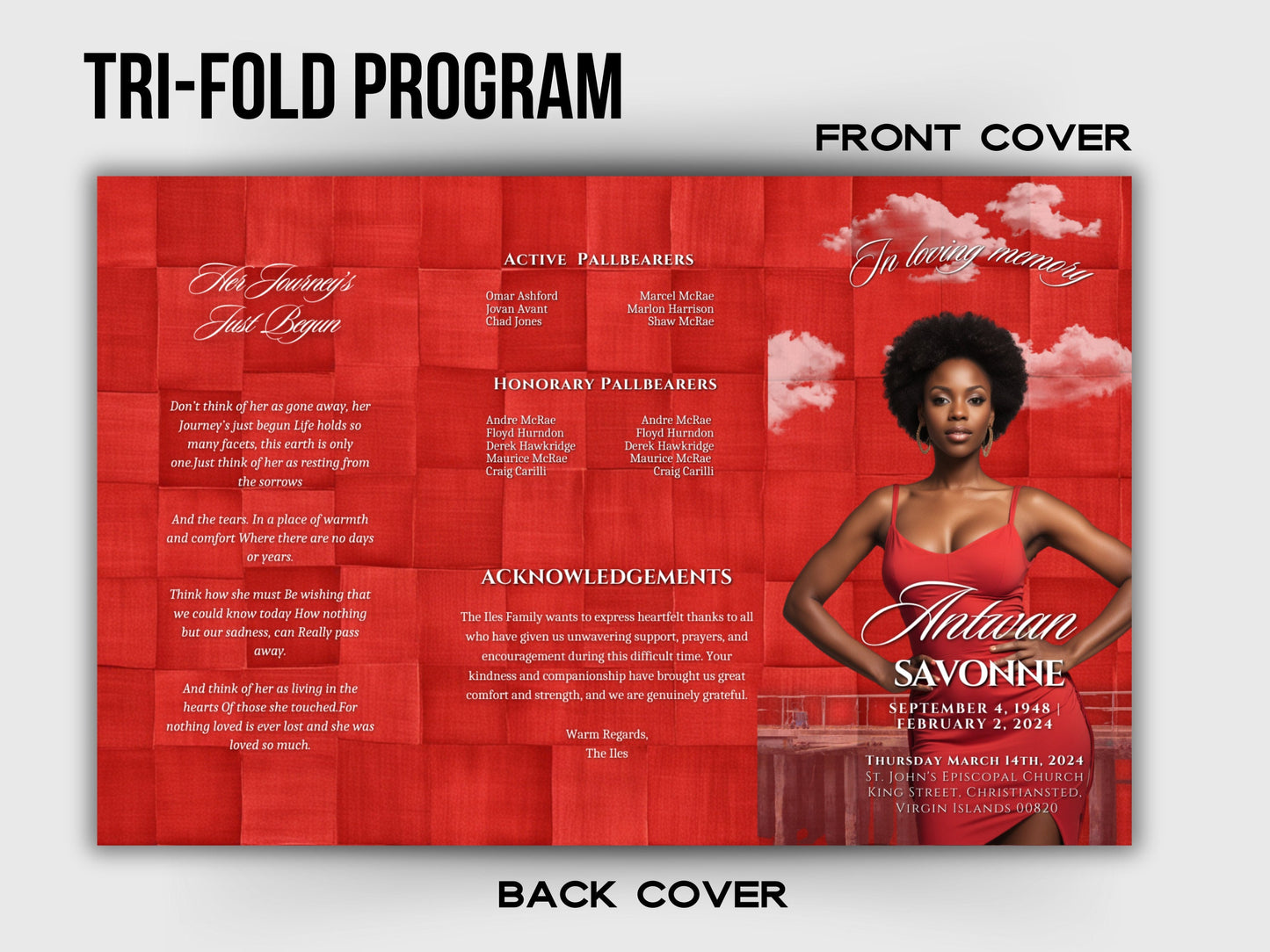 Funeral program 17"X11"editable templateTRIFOLD Women's Red In loving memory funeral brochure printing DIY Funeral booklet Printable