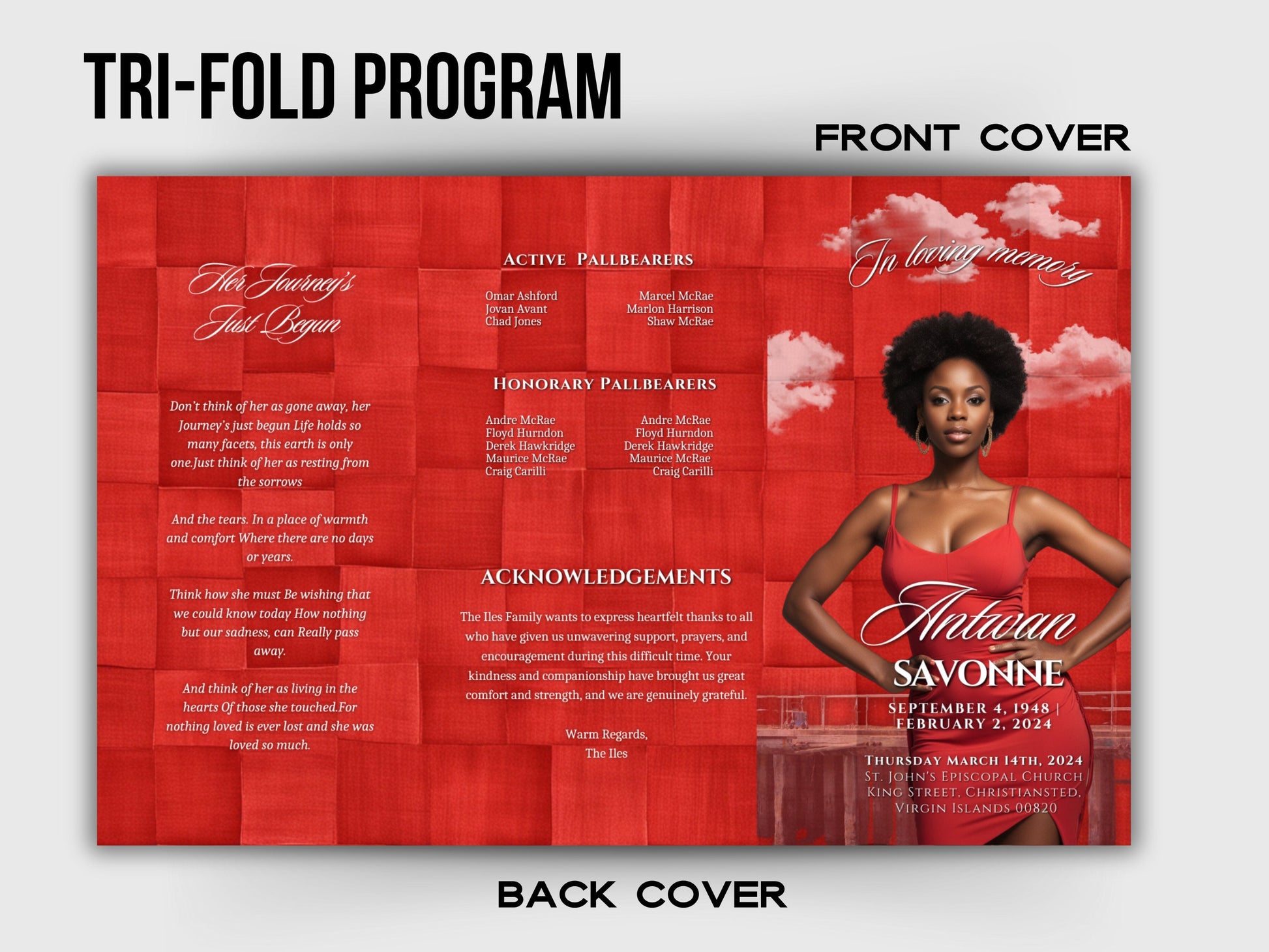 Funeral program 17"X11"editable templateTRIFOLD Women's Red In loving memory funeral brochure printing DIY Funeral booklet Printable