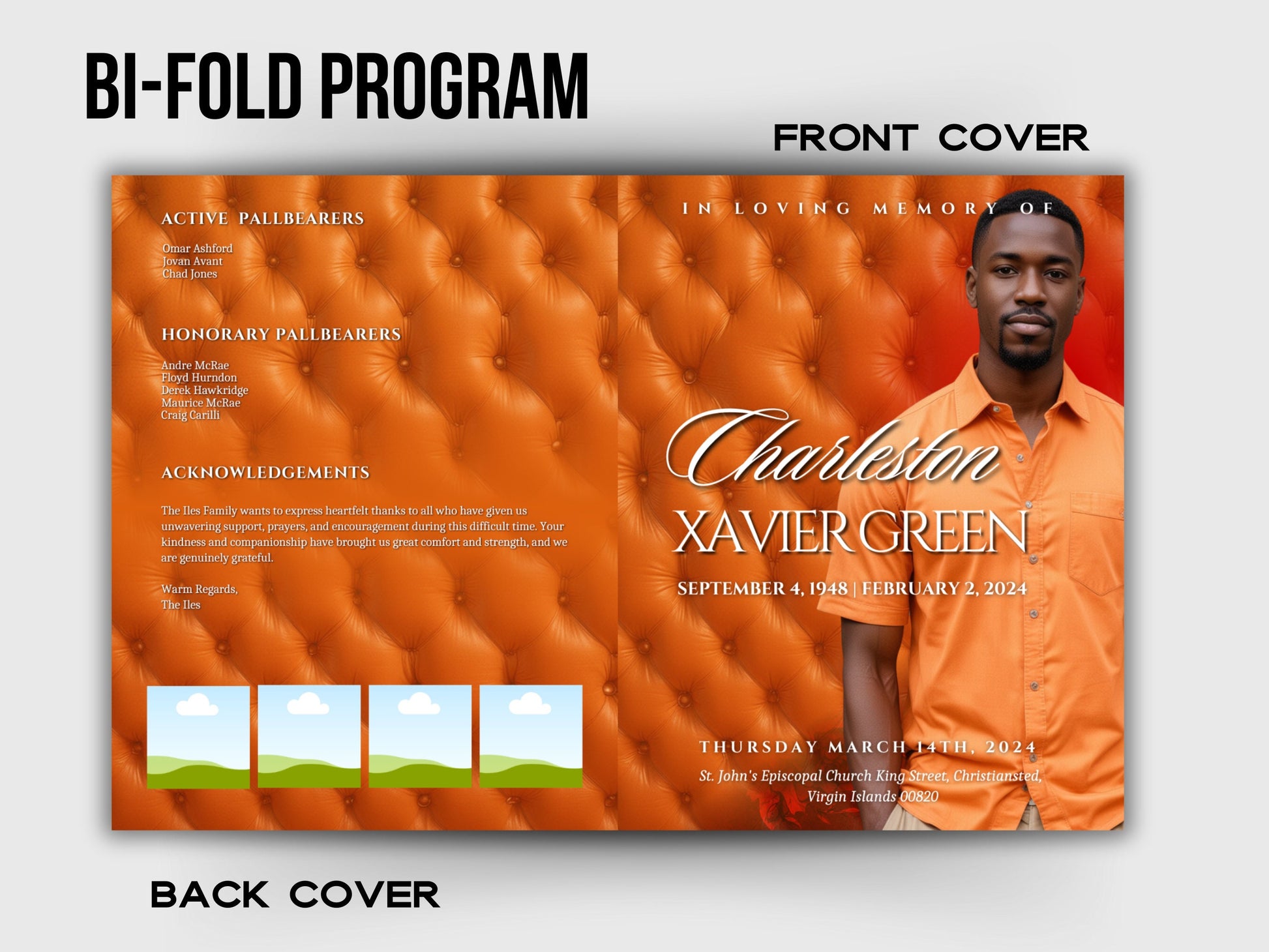 Funeral programs 8.5X11 editable template 8 page Men's Orange In loving memory funeral brochure printing DIY Funeral booklet