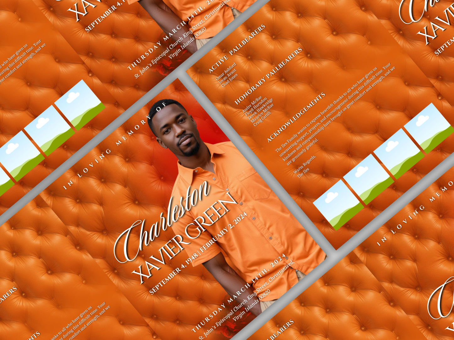 Funeral programs 8.5X11 editable template 8 page Men's Orange In loving memory funeral brochure printing DIY Funeral booklet