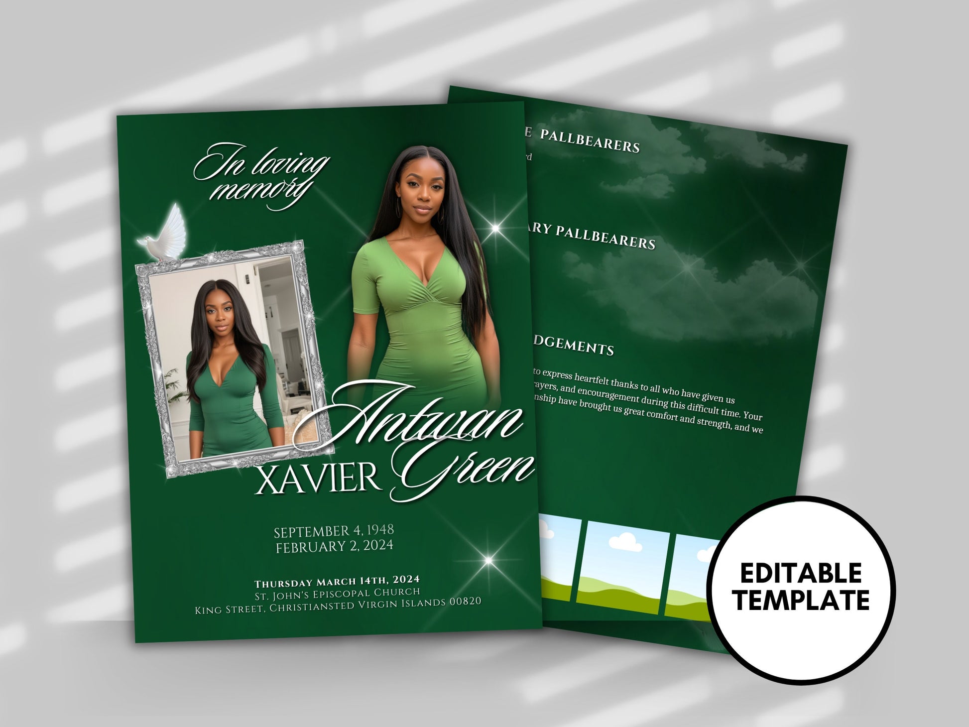 Funeral programs editable template 2 page 8.5x11 Women's Green In loving memory funeral brochure printing DIY Funeral booklet