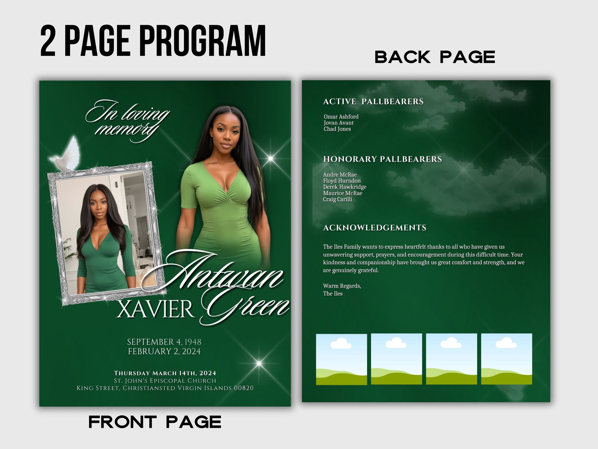 Funeral programs editable template 2 page 8.5x11 Women's Green In loving memory funeral brochure printing DIY Funeral booklet