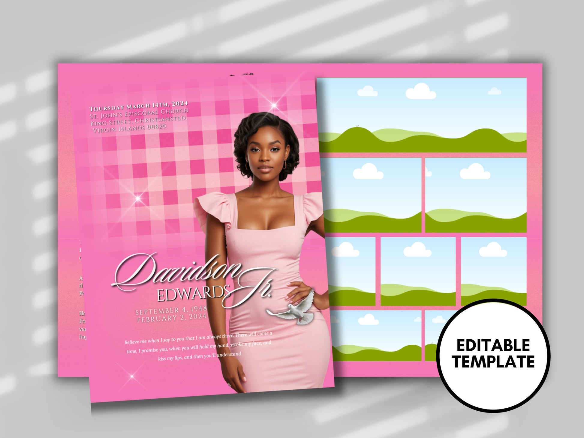 Funeral programs 8.5X11 editable template 8 page Women's Pink In loving memory funeral brochure printing DIY Funeral booklet